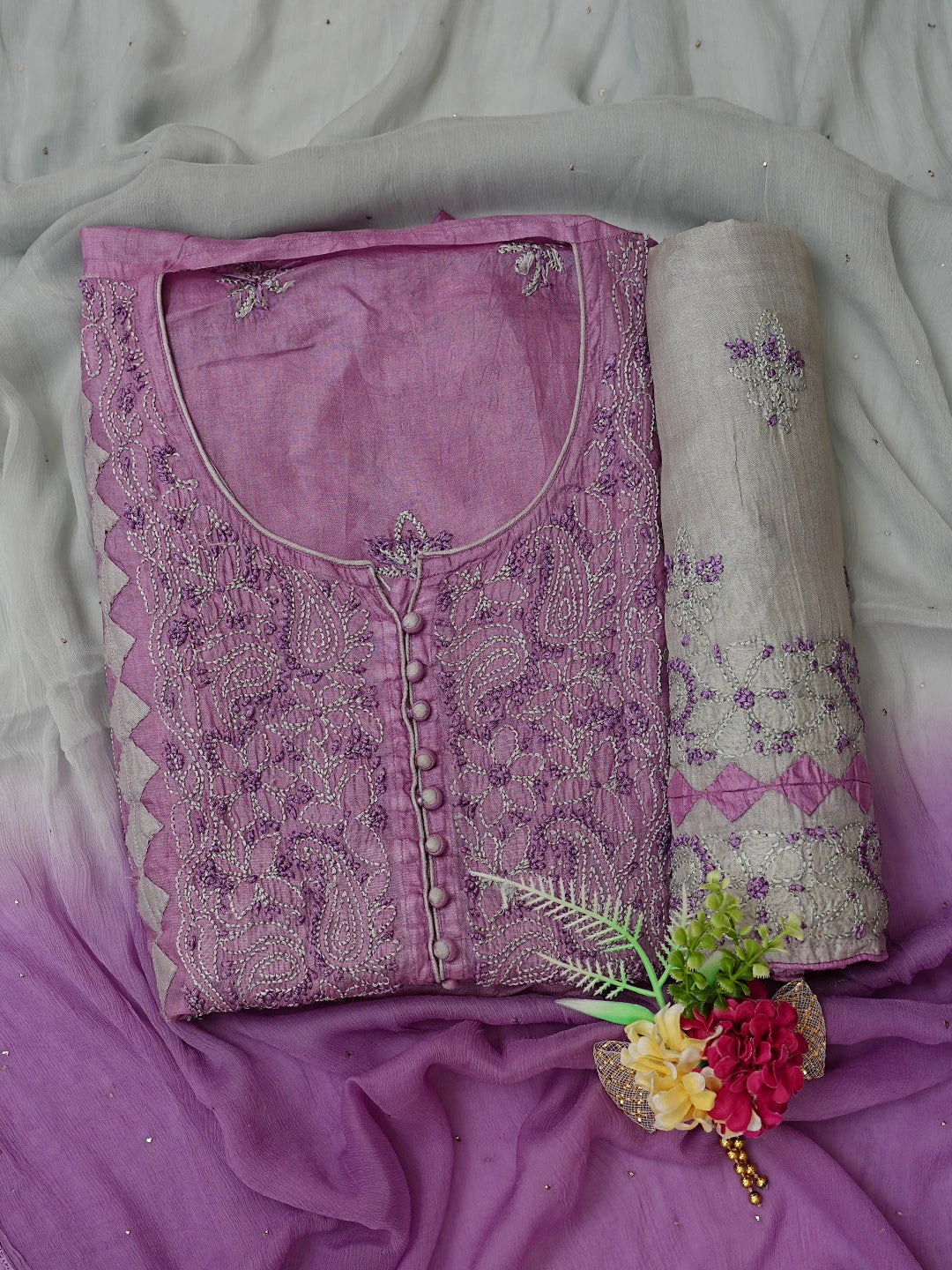 Ada Hand Embroidered Purple Silk Lucknowi Chikankari Unstitched Suit Piece 01A832481