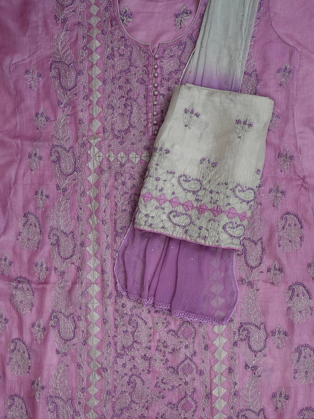 Ada Hand Embroidered Purple Silk Lucknowi Chikankari Unstitched Suit Piece 01A832481
