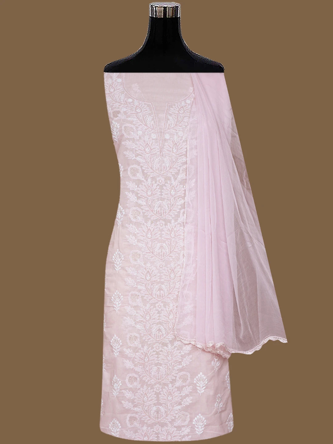Ada Hand Embroidered Pink Cotton Lucknowi Chikankari Unstitched Suit Piece With Cutdana Work 01A790570