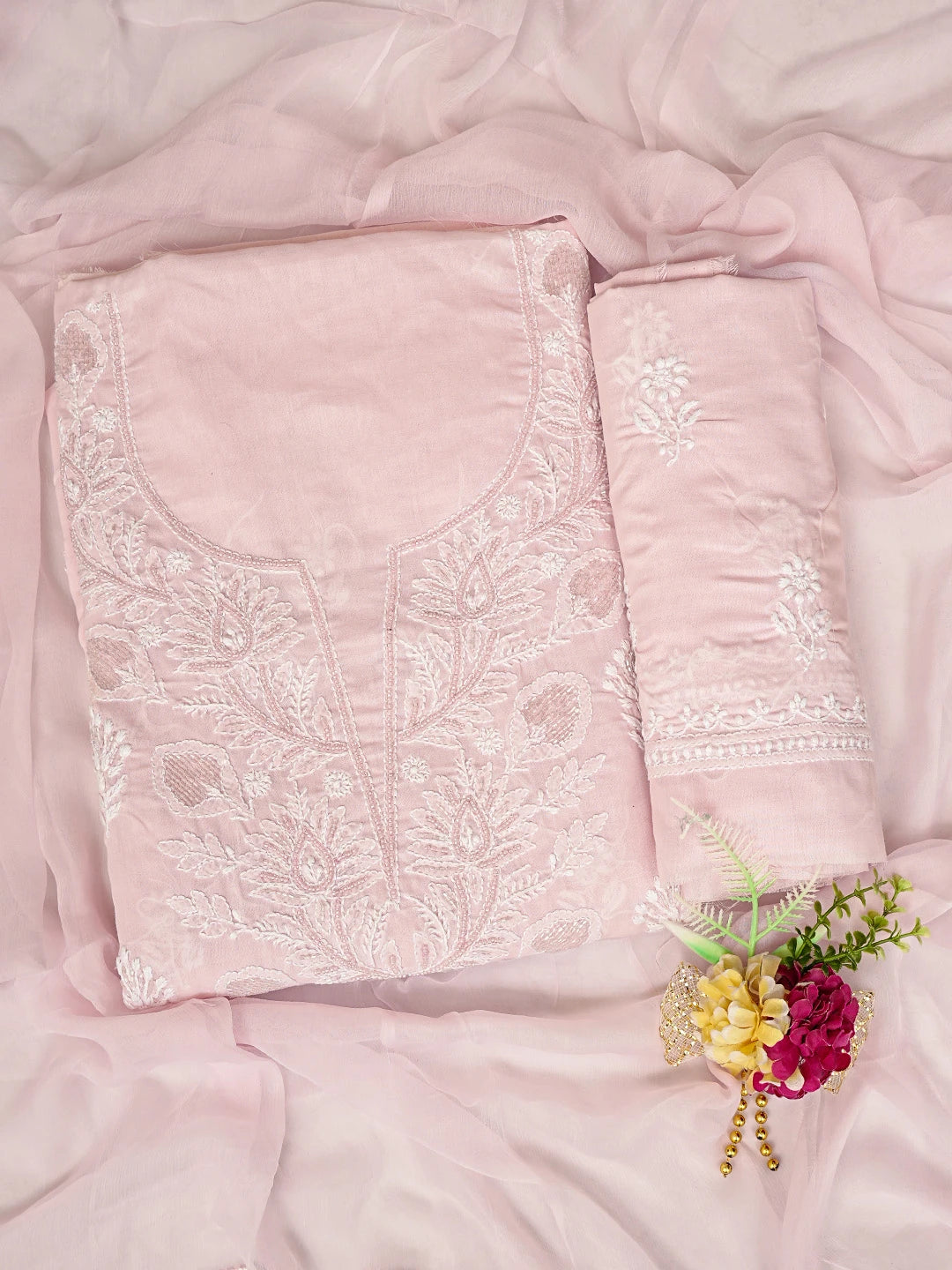Ada Hand Embroidered Pink Cotton Lucknowi Chikankari Unstitched Suit Piece With Cutdana Work 01A790570