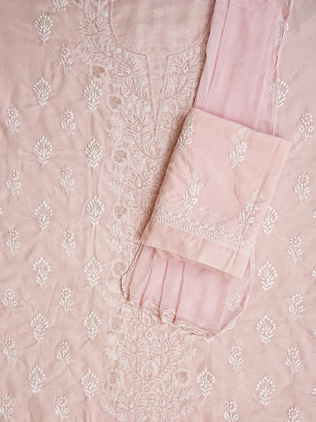 Ada Hand Embroidered Pink Cotton Lucknowi Chikankari Unstitched Suit Piece With Cutdana Work 01A790570