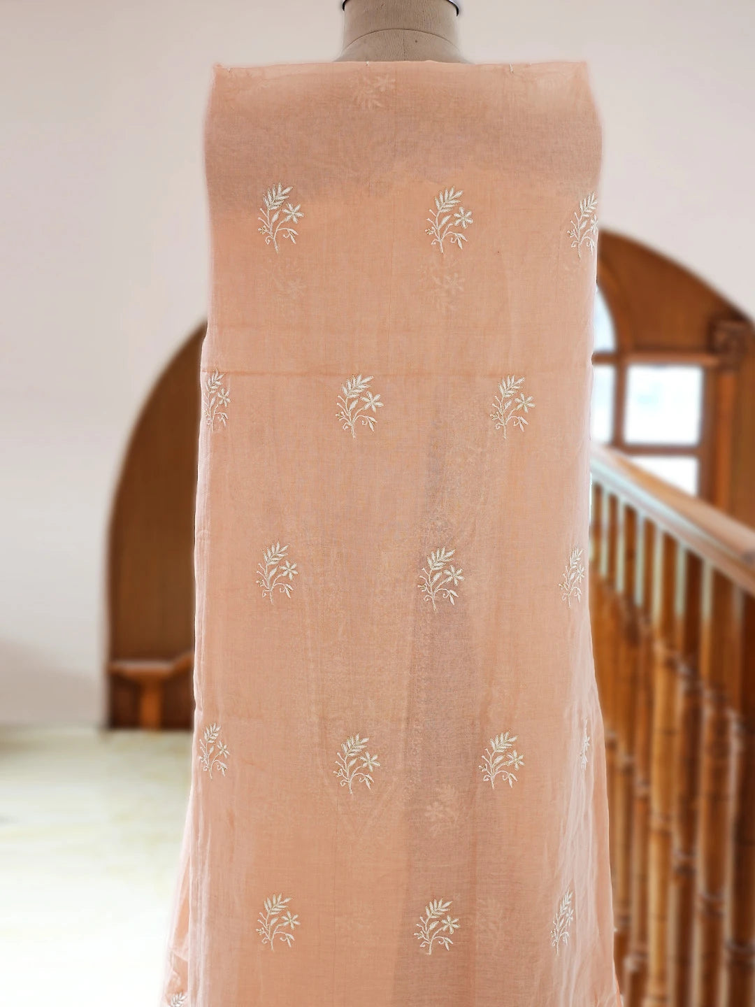 Ada Hand Embroidered Peach Tissue Lucknowi Chikankari Unstitched Kurta Dupatta Set With Zari Work 01A702537