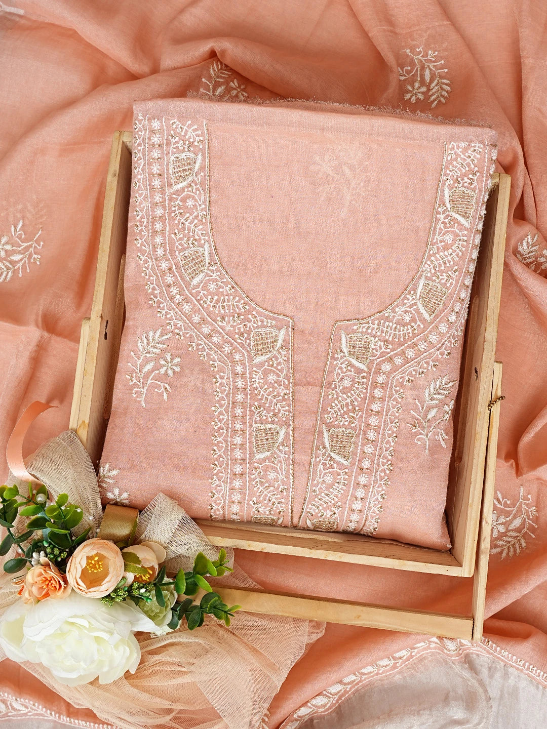 Ada Hand Embroidered Peach Tissue Lucknowi Chikankari Unstitched Kurta Dupatta Set With Zari Work 01A702537