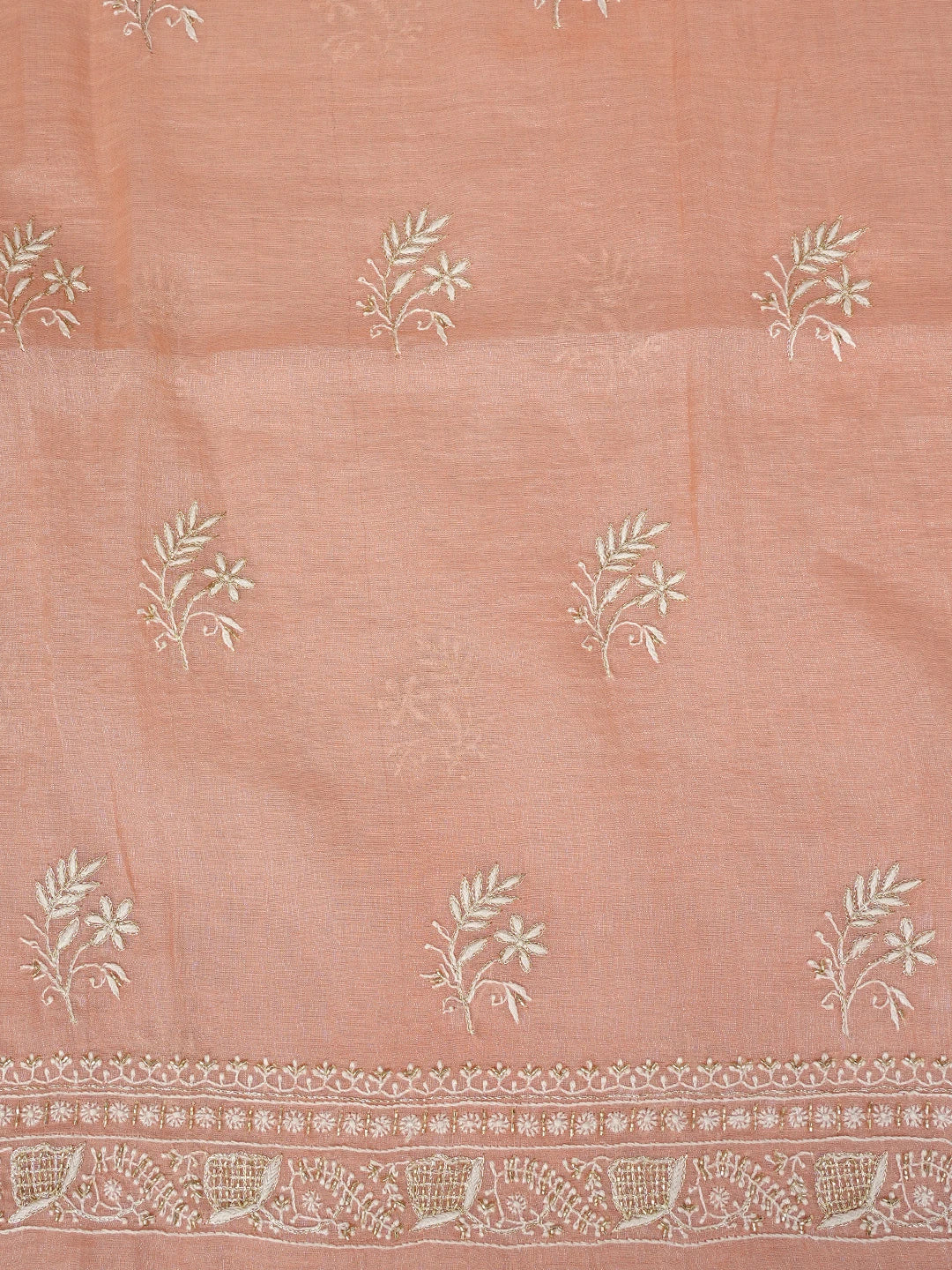 Ada Hand Embroidered Peach Tissue Lucknowi Chikankari Unstitched Kurta Dupatta Set With Zari Work 01A702537