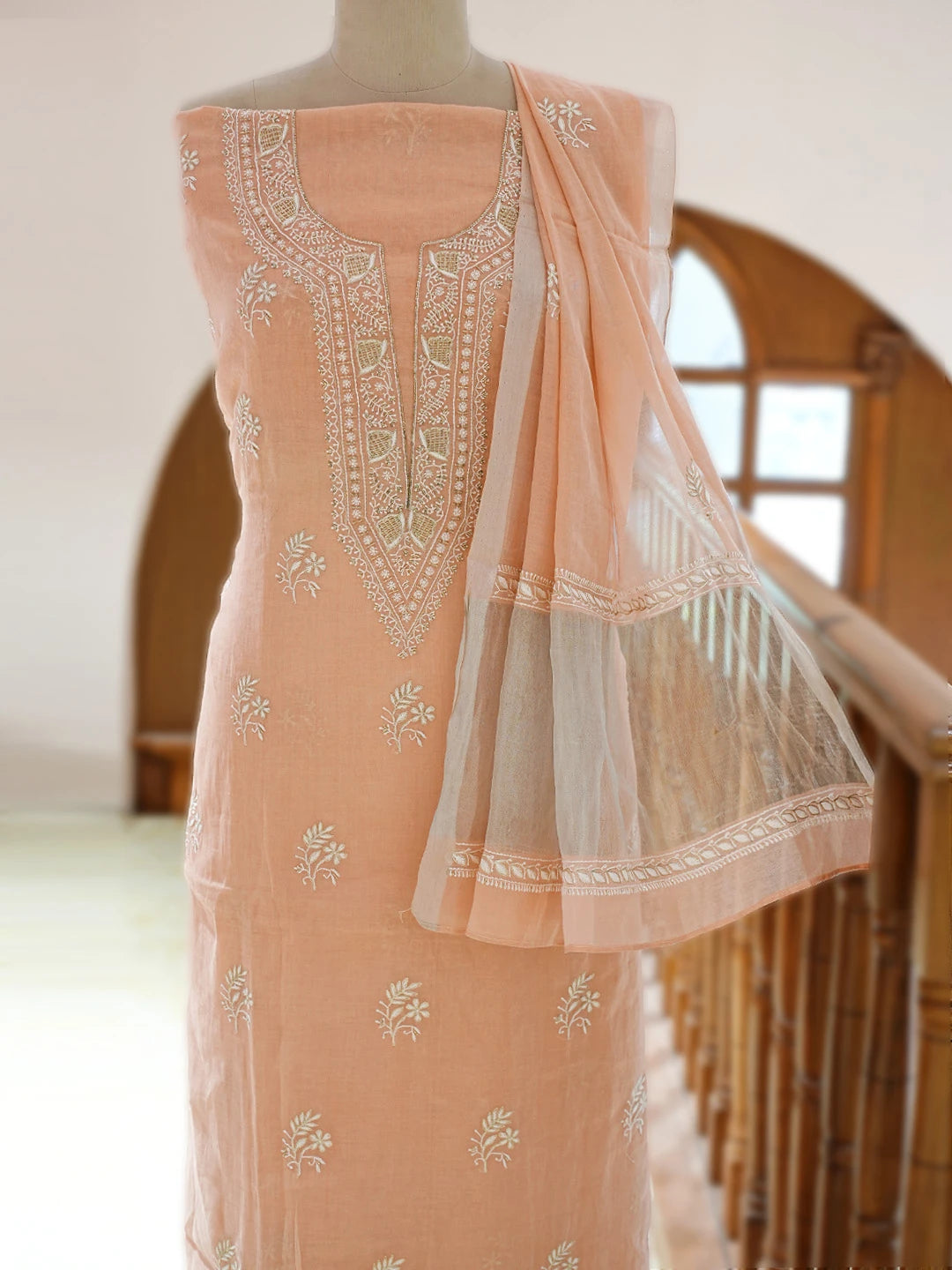 Ada Hand Embroidered Peach Tissue Lucknowi Chikankari Unstitched Kurta Dupatta Set With Zari Work 01A702537