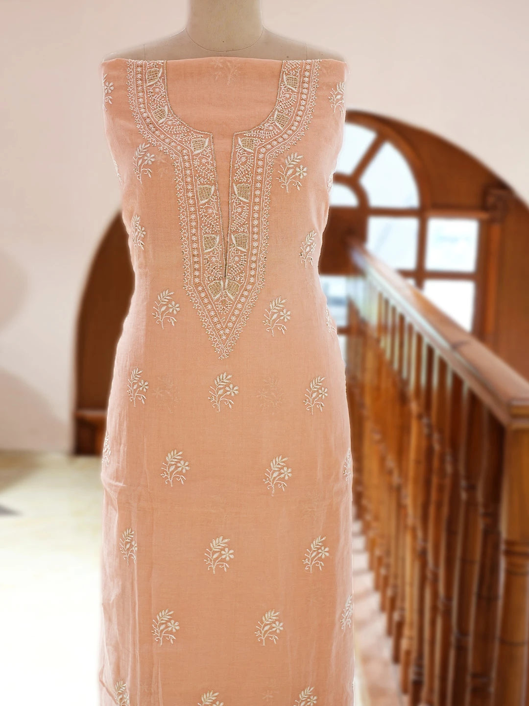 Ada Hand Embroidered Peach Tissue Lucknowi Chikankari Unstitched Kurta Dupatta Set With Zari Work 01A702537