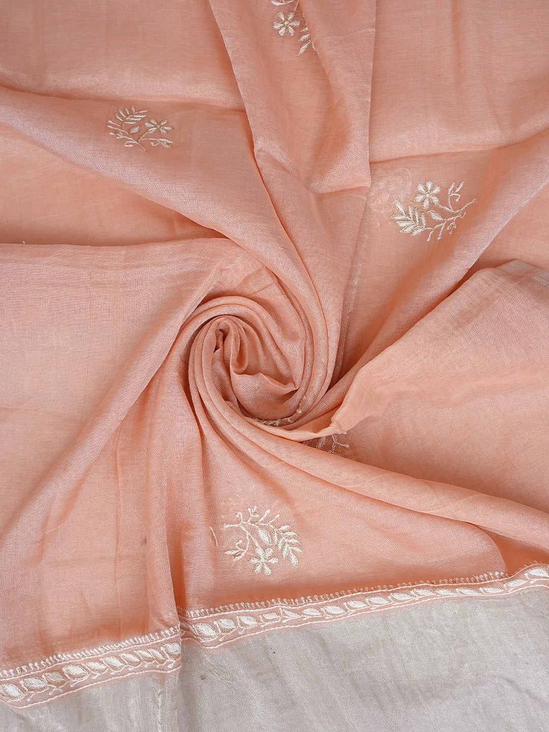 Ada Hand Embroidered Peach Tissue Lucknowi Chikankari Unstitched Kurta Dupatta Set With Zari Work 01A702537