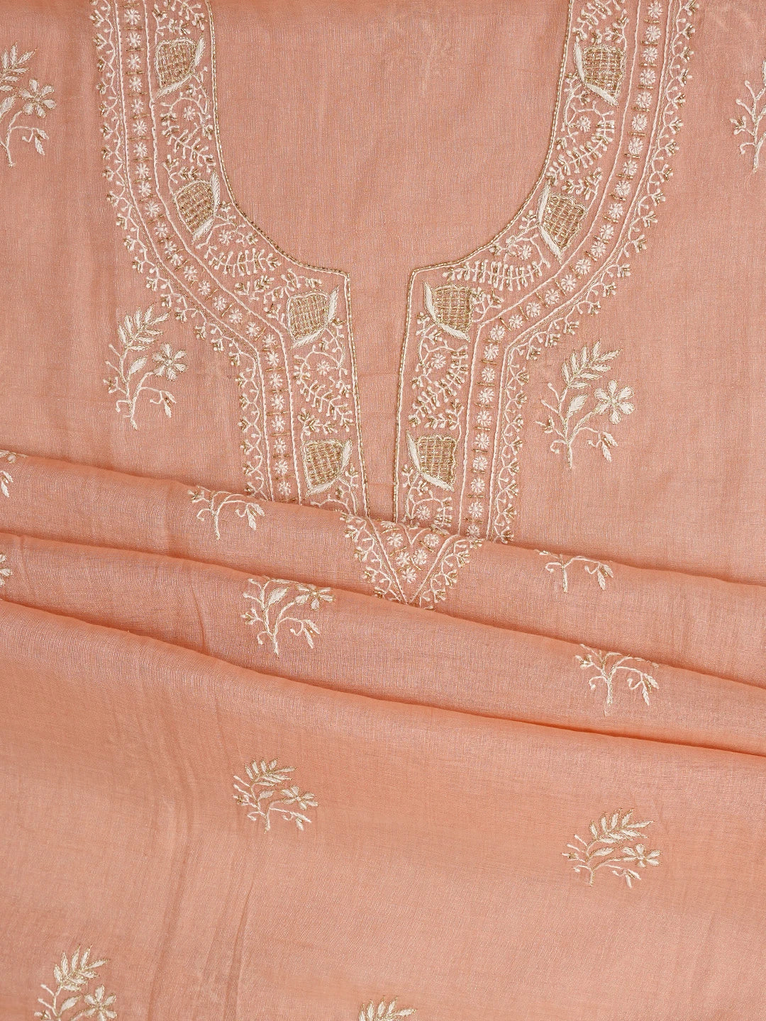 Ada Hand Embroidered Peach Tissue Lucknowi Chikankari Unstitched Kurta Dupatta Set With Zari Work 01A702537