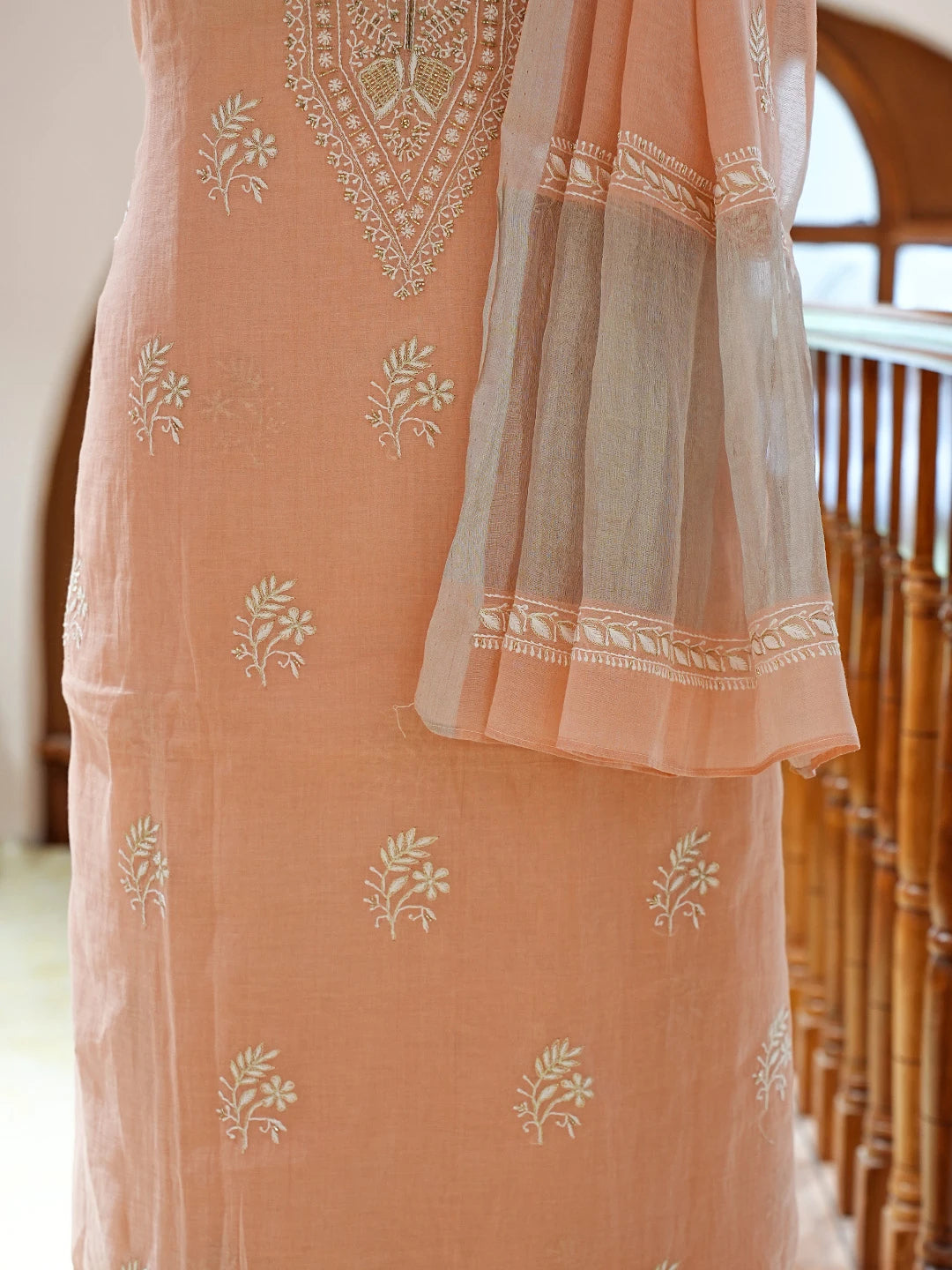 Ada Hand Embroidered Peach Tissue Lucknowi Chikankari Unstitched Kurta Dupatta Set With Zari Work 01A702537