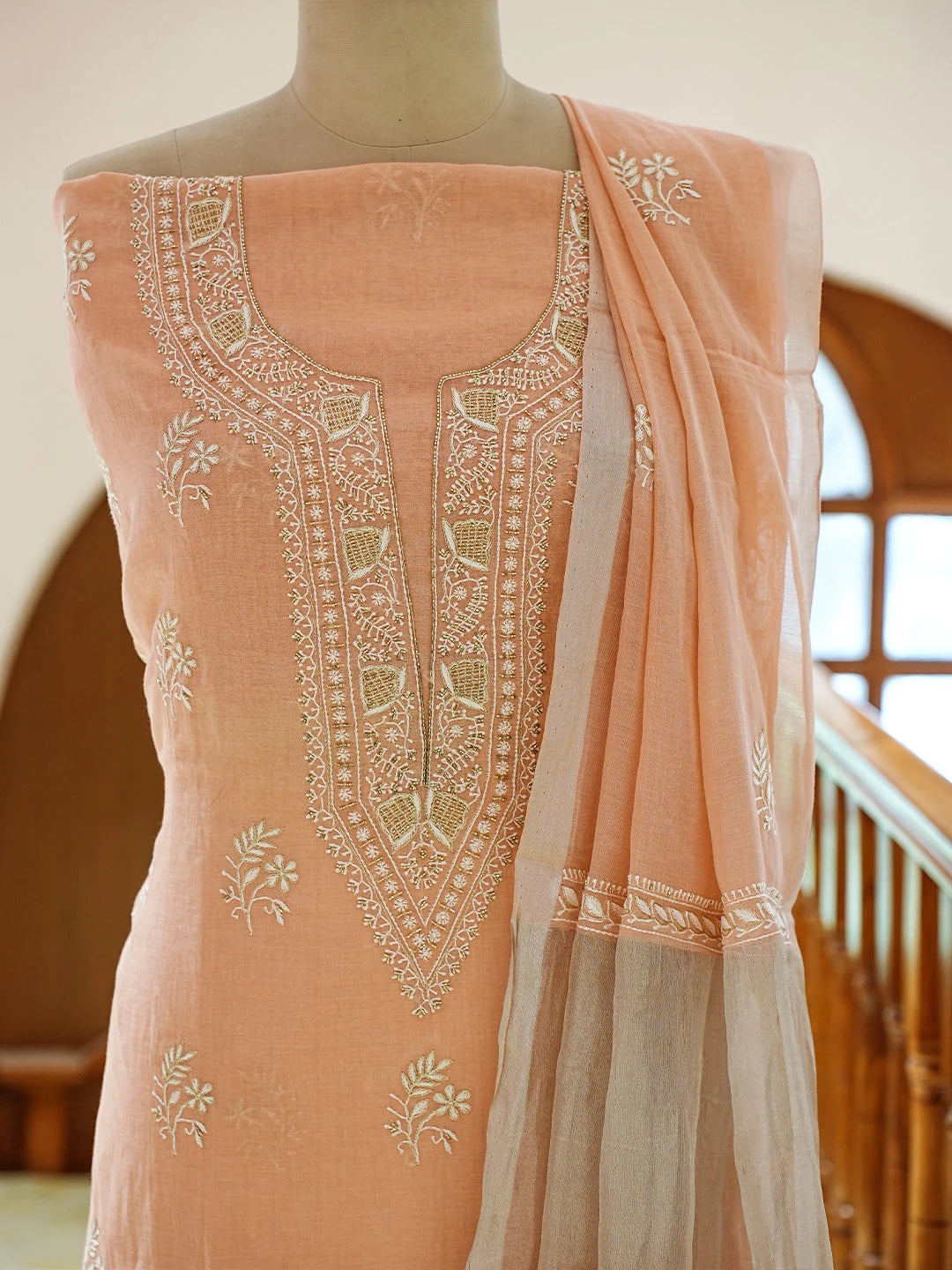 Ada Hand Embroidered Peach Tissue Lucknowi Chikankari Unstitched Kurta Dupatta Set With Zari Work 01A702537