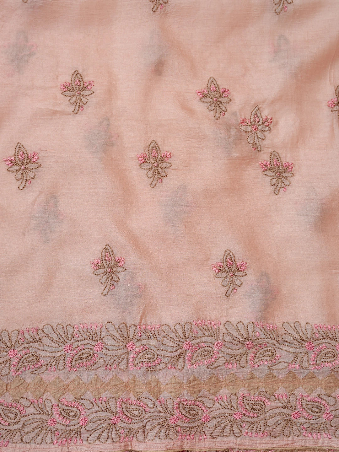 Ada Hand Embroidered Peach Bud Silk Lucknowi Chikankari Semi-stitched Suit Piece With Muqaish  Work 01A832467