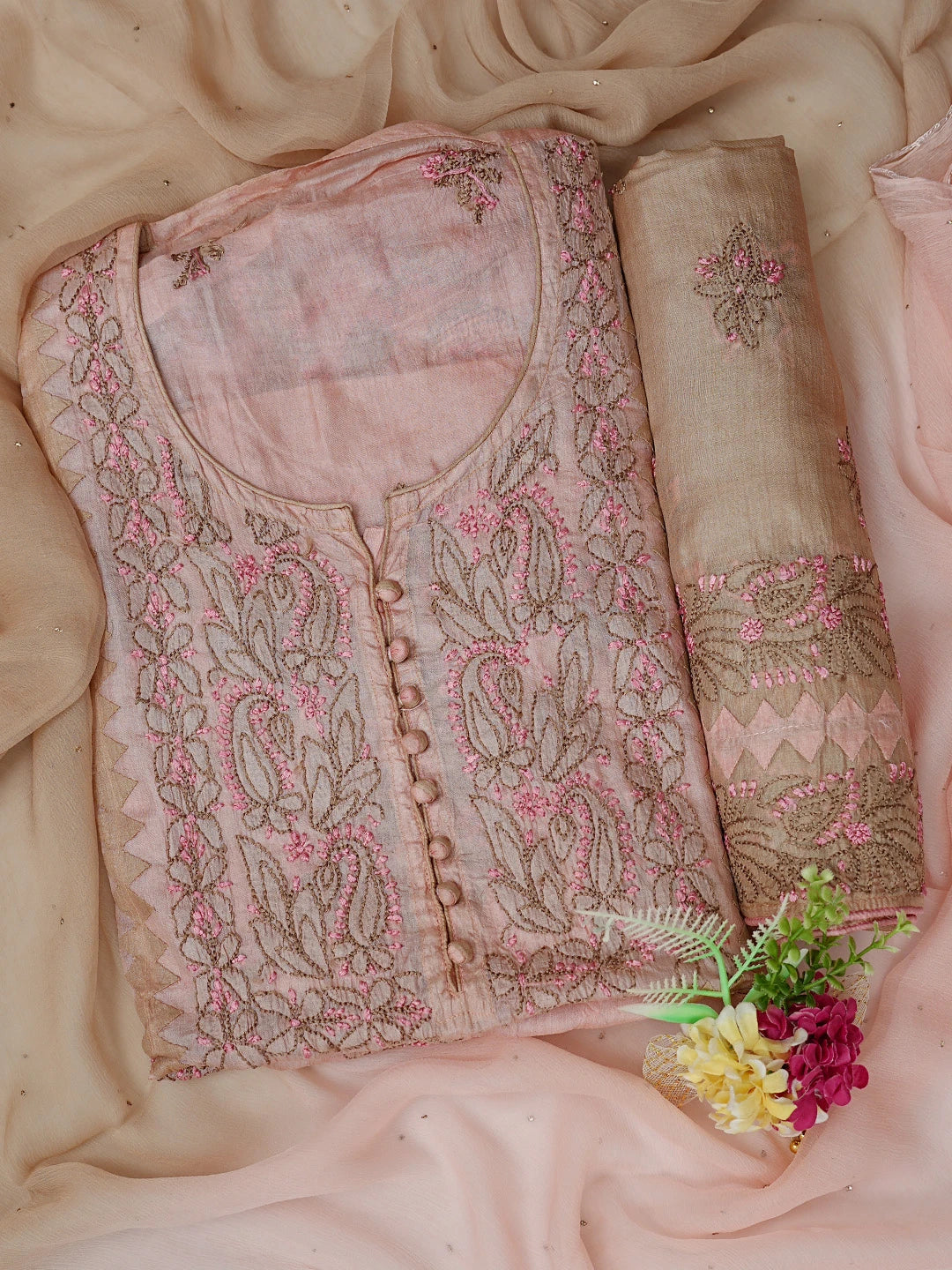Ada Hand Embroidered Peach Bud Silk Lucknowi Chikankari Semi-stitched Suit Piece With Muqaish  Work 01A832467