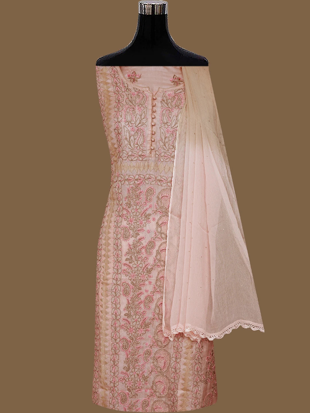 Ada Hand Embroidered Peach Bud Silk Lucknowi Chikankari Semi-stitched Suit Piece With Muqaish  Work 01A832467