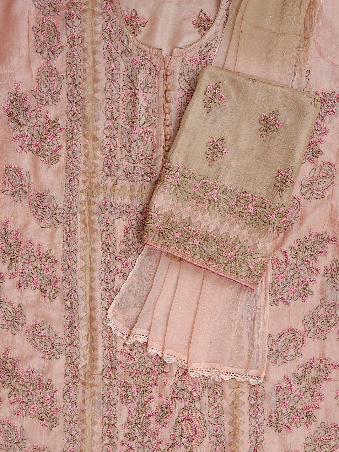 Ada Hand Embroidered Peach Bud Silk Lucknowi Chikankari Semi-stitched Suit Piece With Muqaish  Work 01A832467