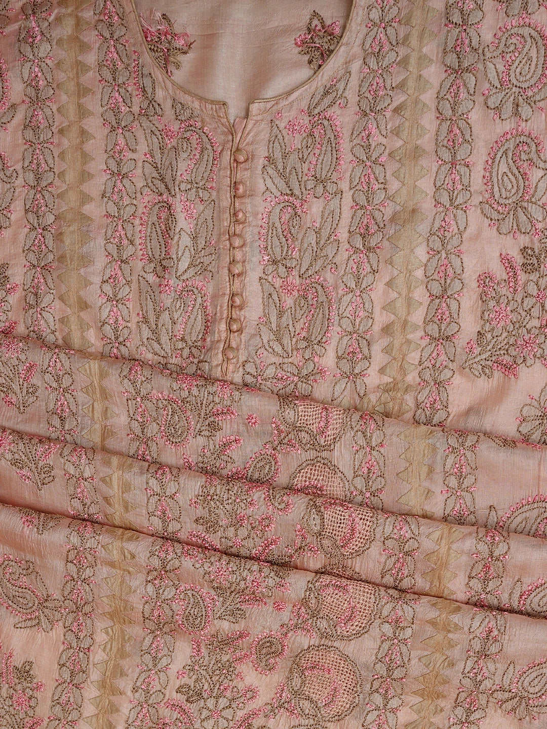 Ada Hand Embroidered Peach Bud Silk Lucknowi Chikankari Semi-stitched Suit Piece With Muqaish  Work 01A832467