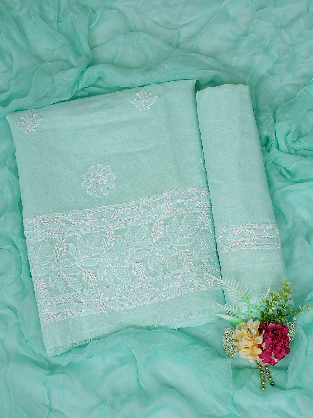 Ada Hand Embroidered Sea Green Cotton Lucknowi Chikankari Unstitched Suit Piece 01A818688