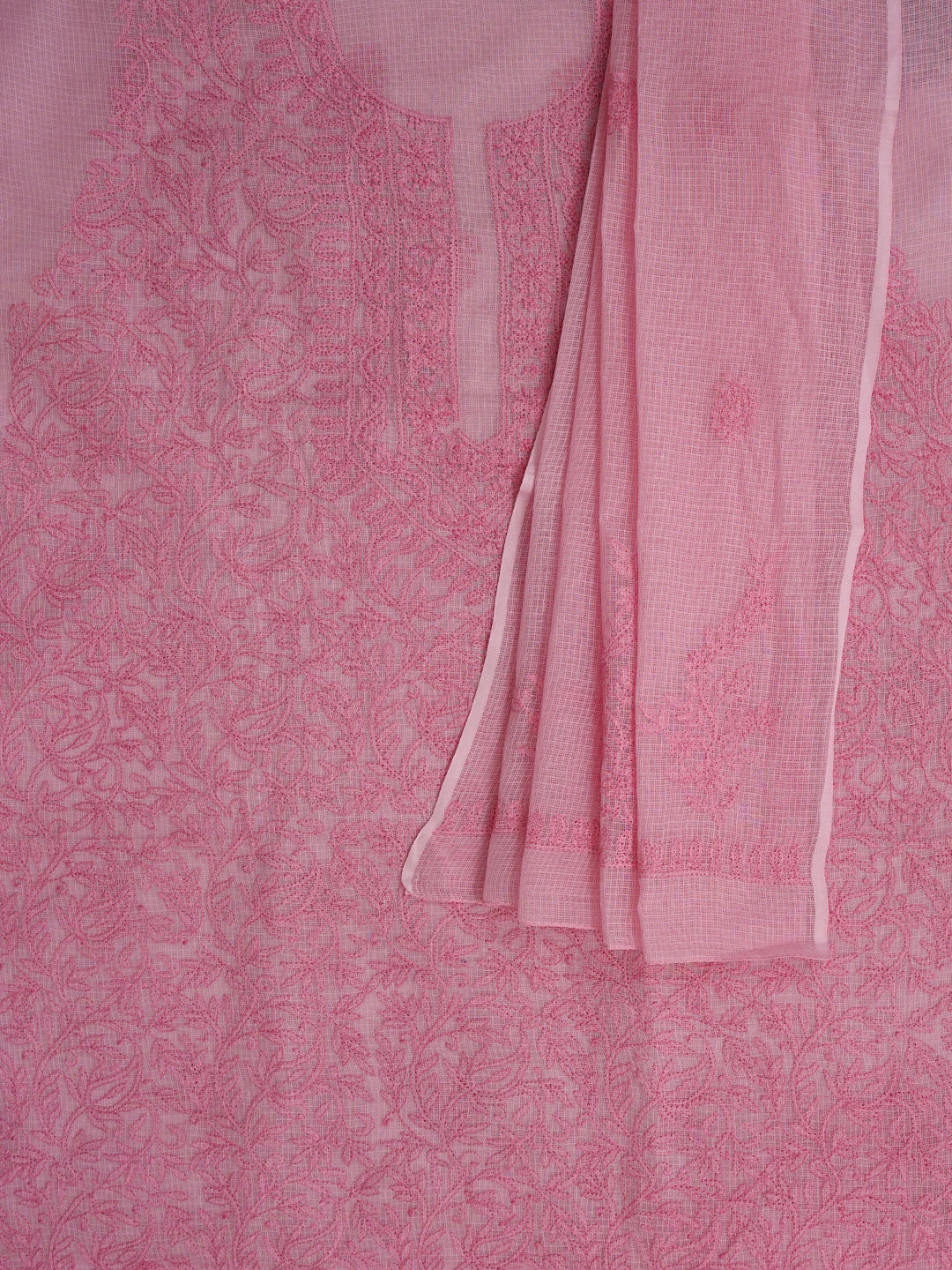 Ada Hand Embroidered Flamingo Pink Kota Lucknowi Chikankari Unstitched Kurta Dupatta Set 01A831688
