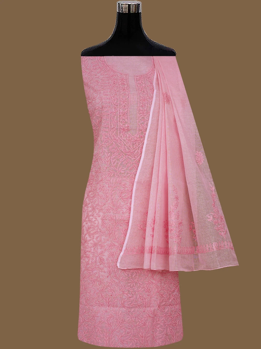 Ada Hand Embroidered Flamingo Pink Kota Lucknowi Chikankari Unstitched Kurta Dupatta Set 01A831688