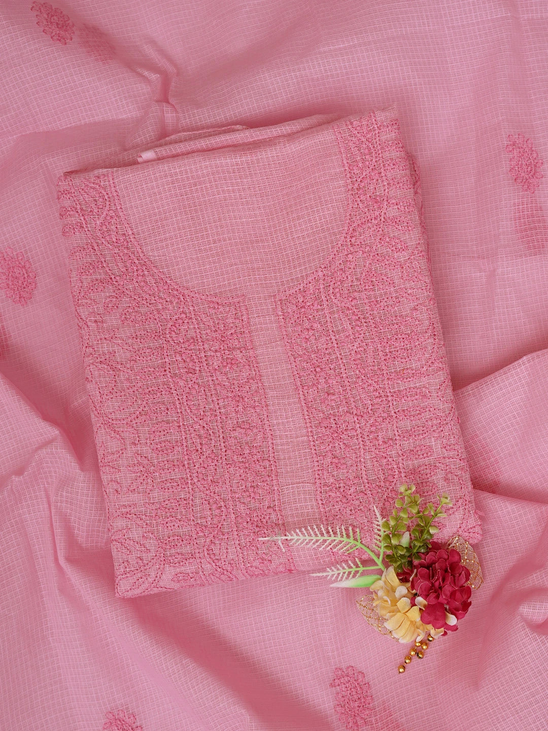 Ada Hand Embroidered Flamingo Pink Kota Lucknowi Chikankari Unstitched Kurta Dupatta Set 01A831688