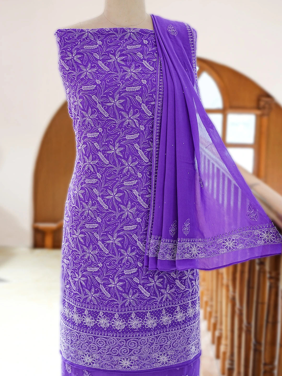 Ada Hand Embroidered Purple Pure Georgette Lucknowi Chikankari Unstitched Kurta Dupatta Set With Pearl Work 01A693926