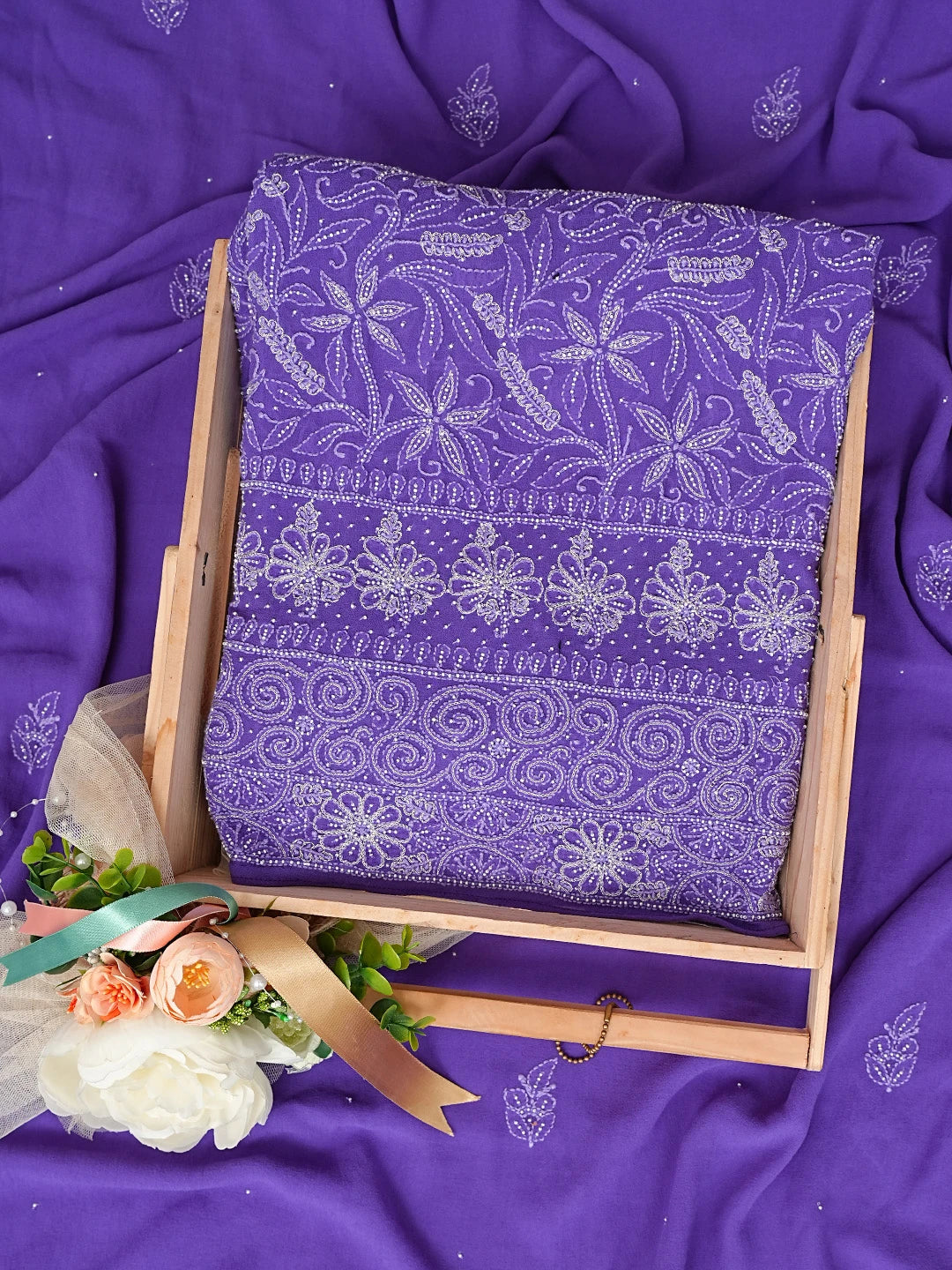Ada Hand Embroidered Purple Pure Georgette Lucknowi Chikankari Unstitched Kurta Dupatta Set With Pearl Work 01A693926