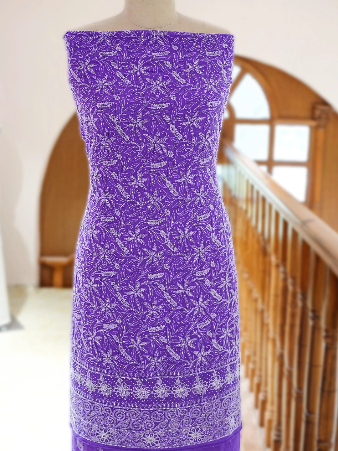 Ada Hand Embroidered Purple Pure Georgette Lucknowi Chikankari Unstitched Kurta Dupatta Set With Pearl Work 01A693926