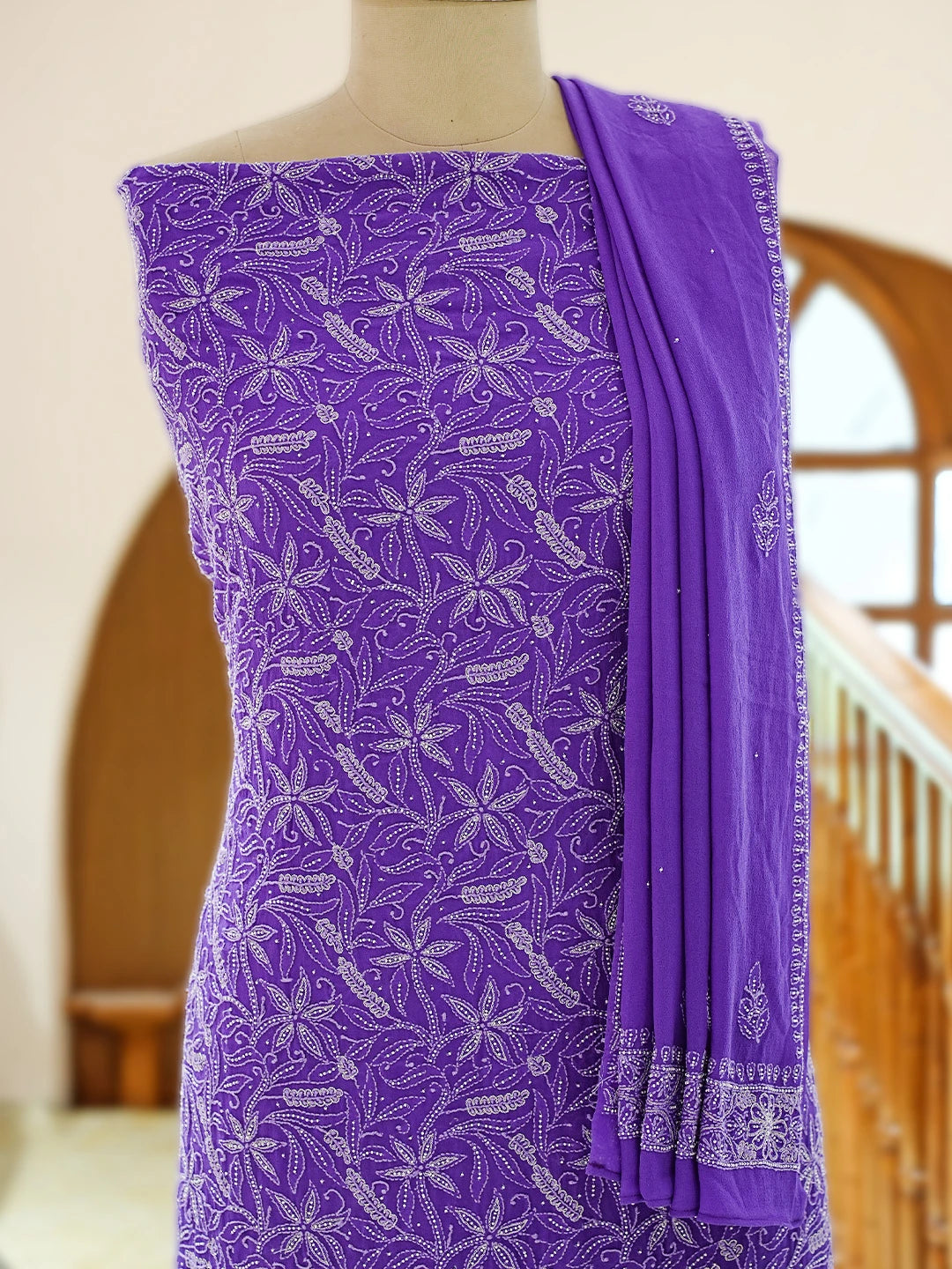 Ada Hand Embroidered Purple Pure Georgette Lucknowi Chikankari Unstitched Kurta Dupatta Set With Pearl Work 01A693926