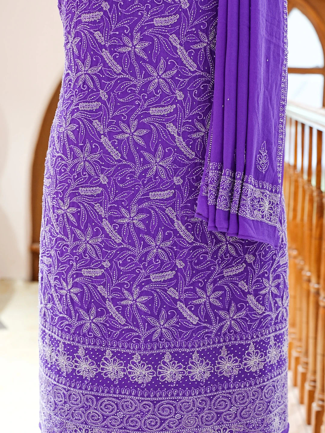 Ada Hand Embroidered Purple Pure Georgette Lucknowi Chikankari Unstitched Kurta Dupatta Set With Pearl Work 01A693926