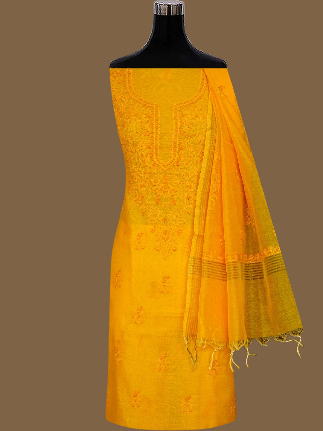 Ada Hand Embroidered Mustard Chanderi Lucknowi Chikankari Unstitched Kurta Dupatta Set 01A726629