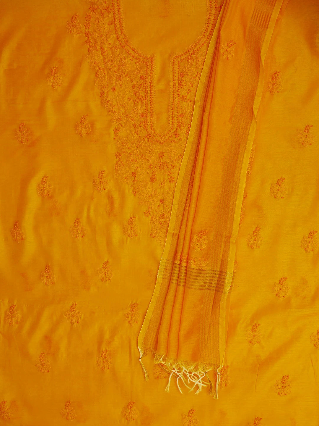 Ada Hand Embroidered Mustard Chanderi Lucknowi Chikankari Unstitched Kurta Dupatta Set 01A726629