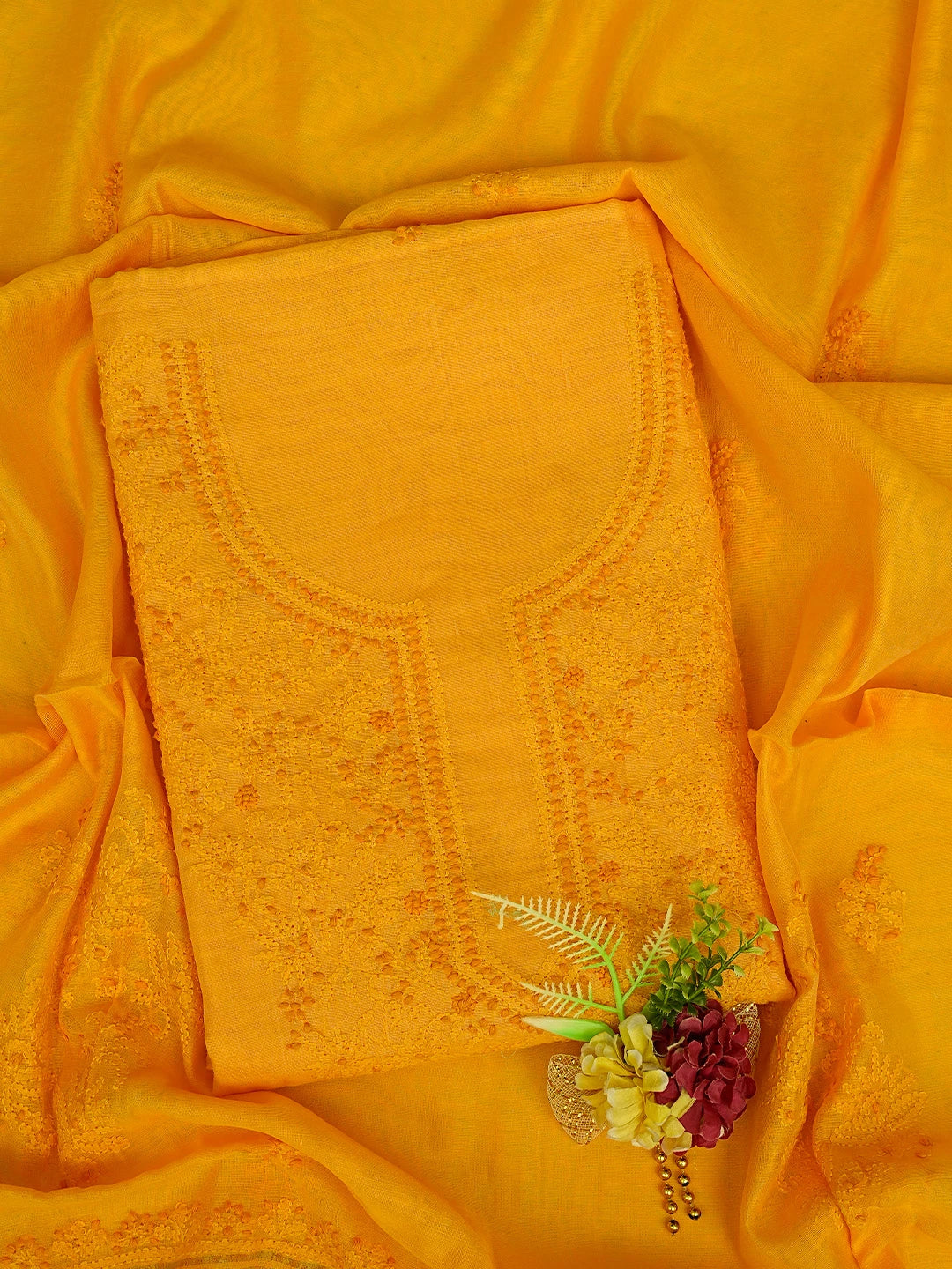 Ada Hand Embroidered Mustard Chanderi Lucknowi Chikankari Unstitched Kurta Dupatta Set 01A726629
