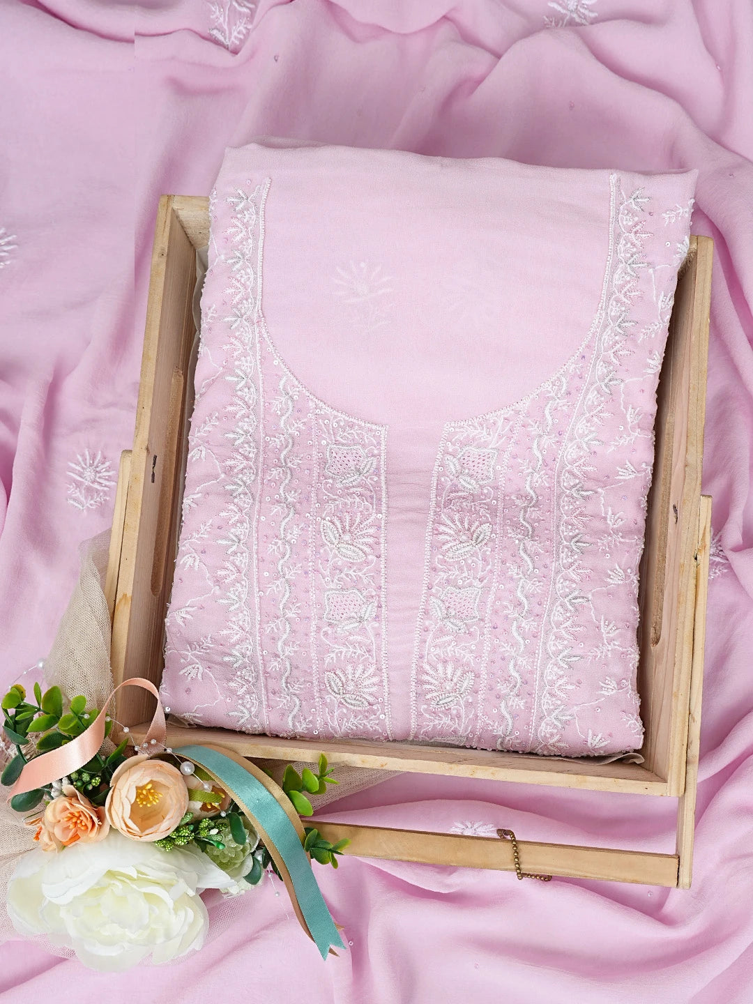 Ada Hand Embroidered Pink Pure Georgette Lucknowi Chikankari Unstitched Kurta Dupatta Set With Pearl Work 01A712923