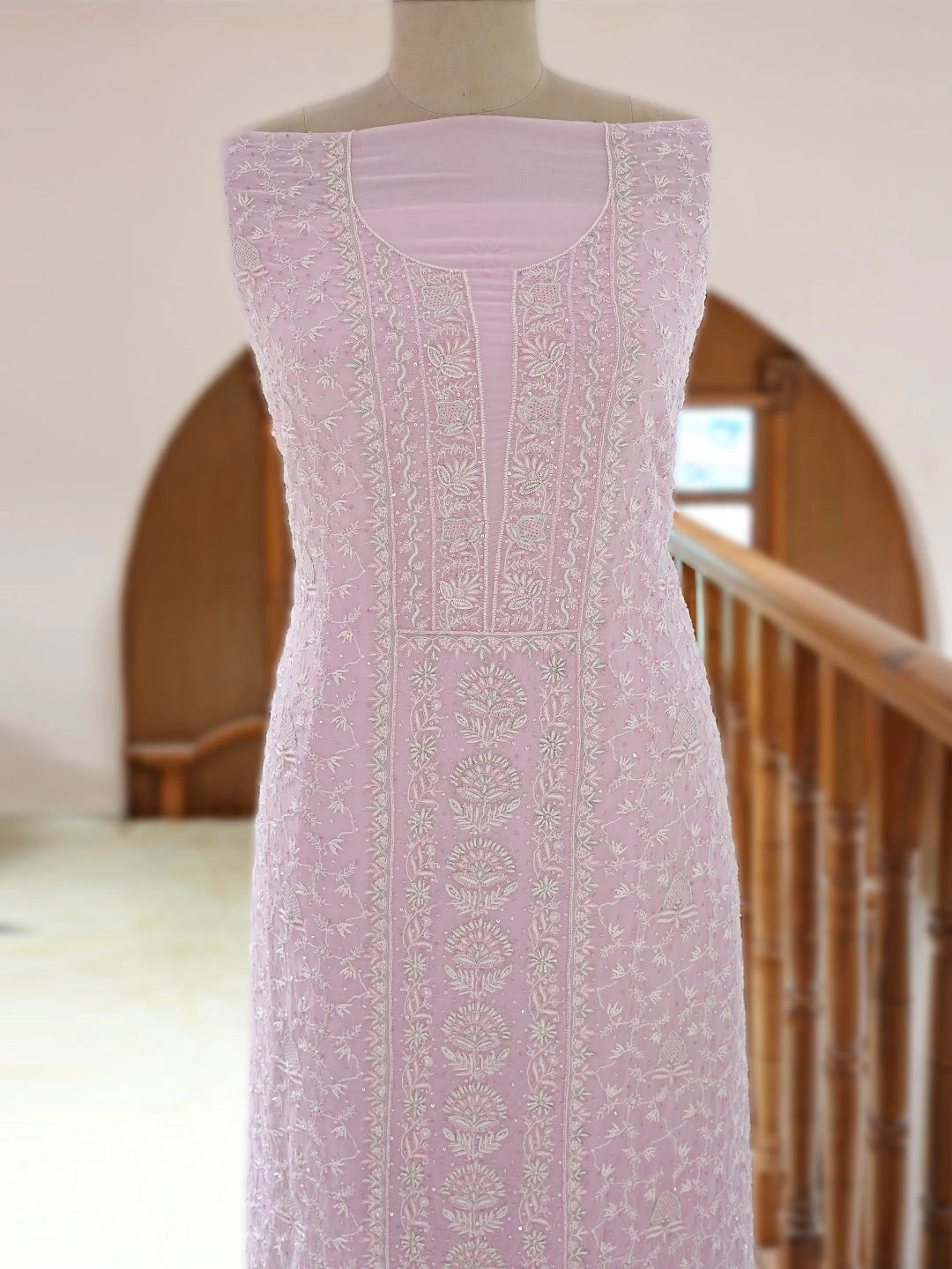 Ada Hand Embroidered Pink Pure Georgette Lucknowi Chikankari Unstitched Kurta Dupatta Set With Pearl Work 01A712923