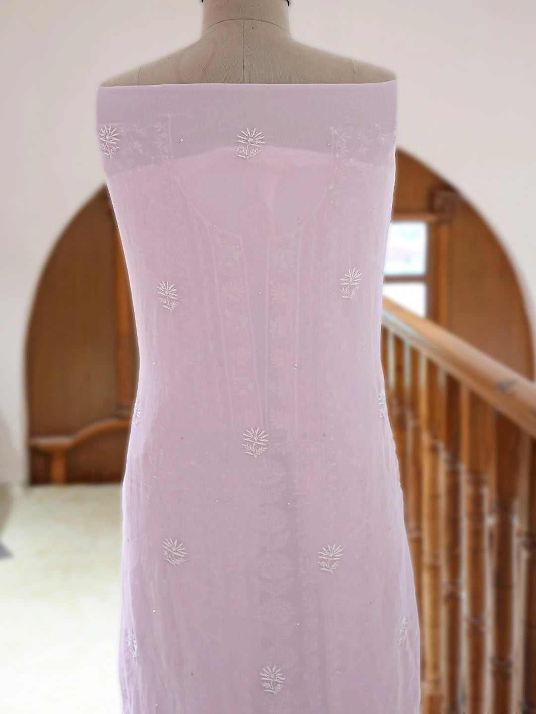 Ada Hand Embroidered Pink Pure Georgette Lucknowi Chikankari Unstitched Kurta Dupatta Set With Pearl Work 01A712923