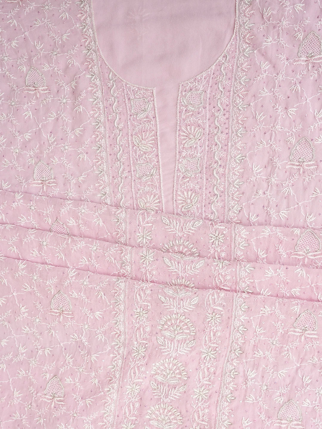 Ada Hand Embroidered Pink Pure Georgette Lucknowi Chikankari Unstitched Kurta Dupatta Set With Pearl Work 01A712923