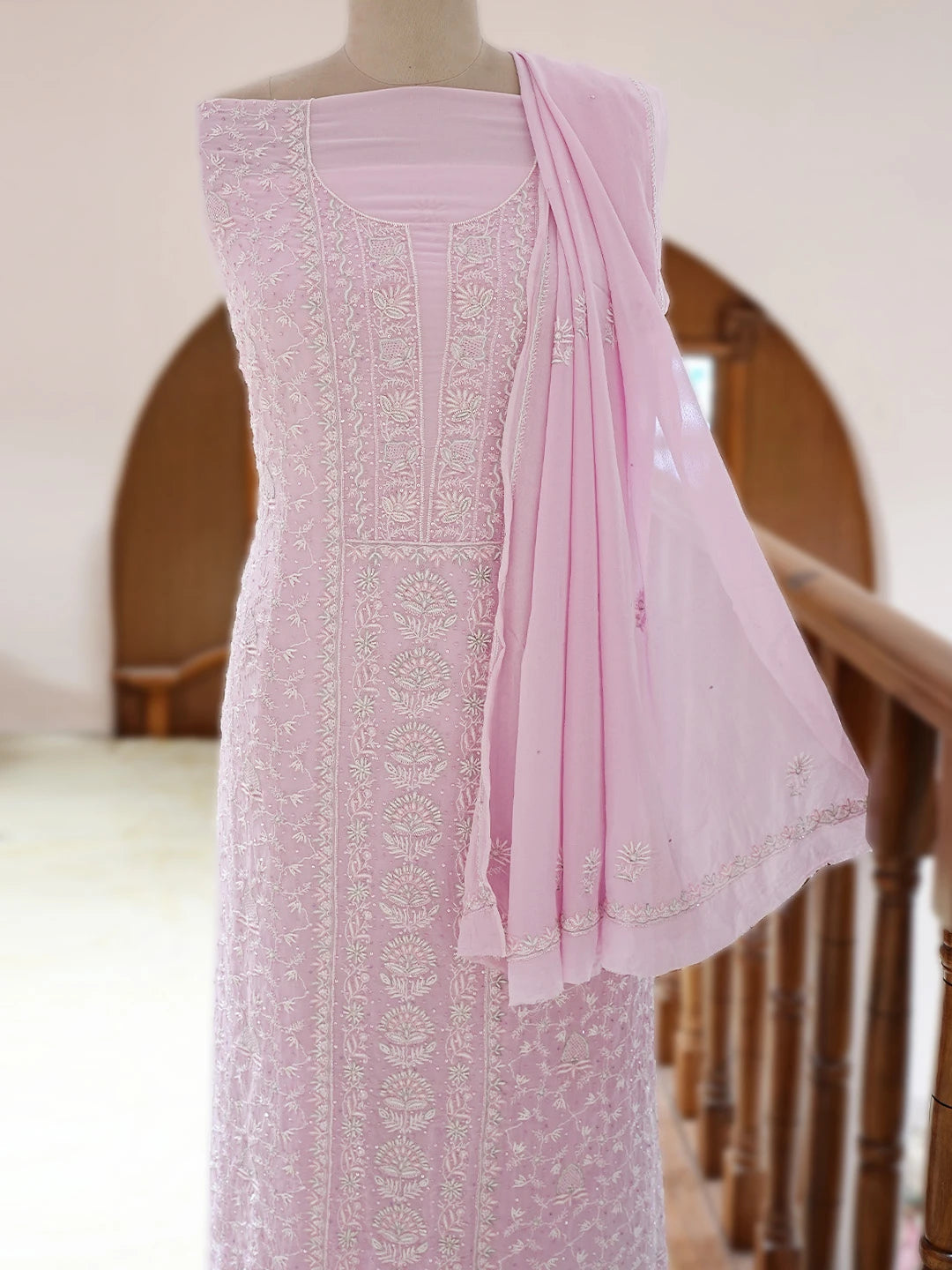 Ada Hand Embroidered Pink Pure Georgette Lucknowi Chikankari Unstitched Kurta Dupatta Set With Pearl Work 01A712923
