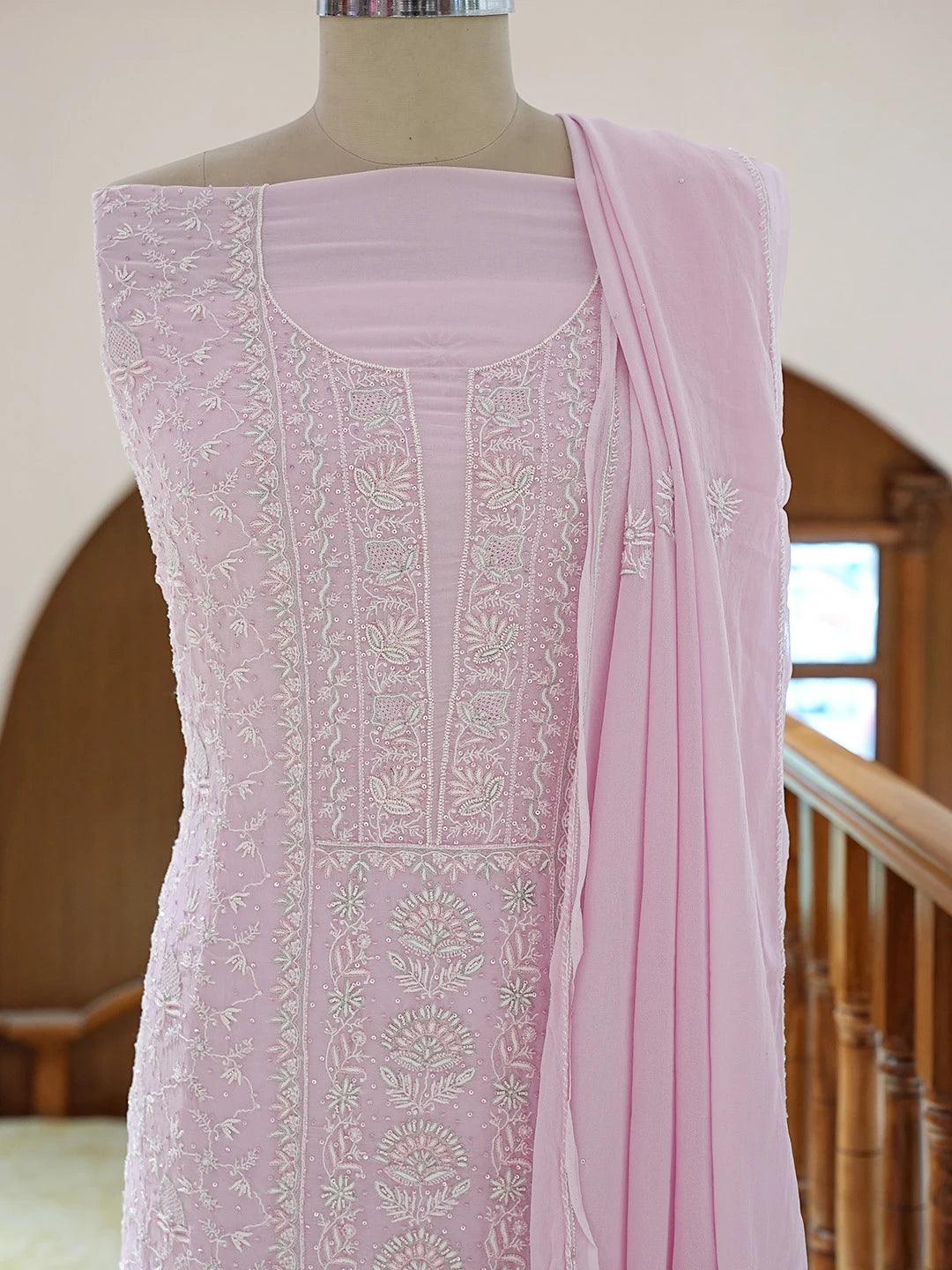 Ada Hand Embroidered Pink Pure Georgette Lucknowi Chikankari Unstitched Kurta Dupatta Set With Pearl Work 01A712923