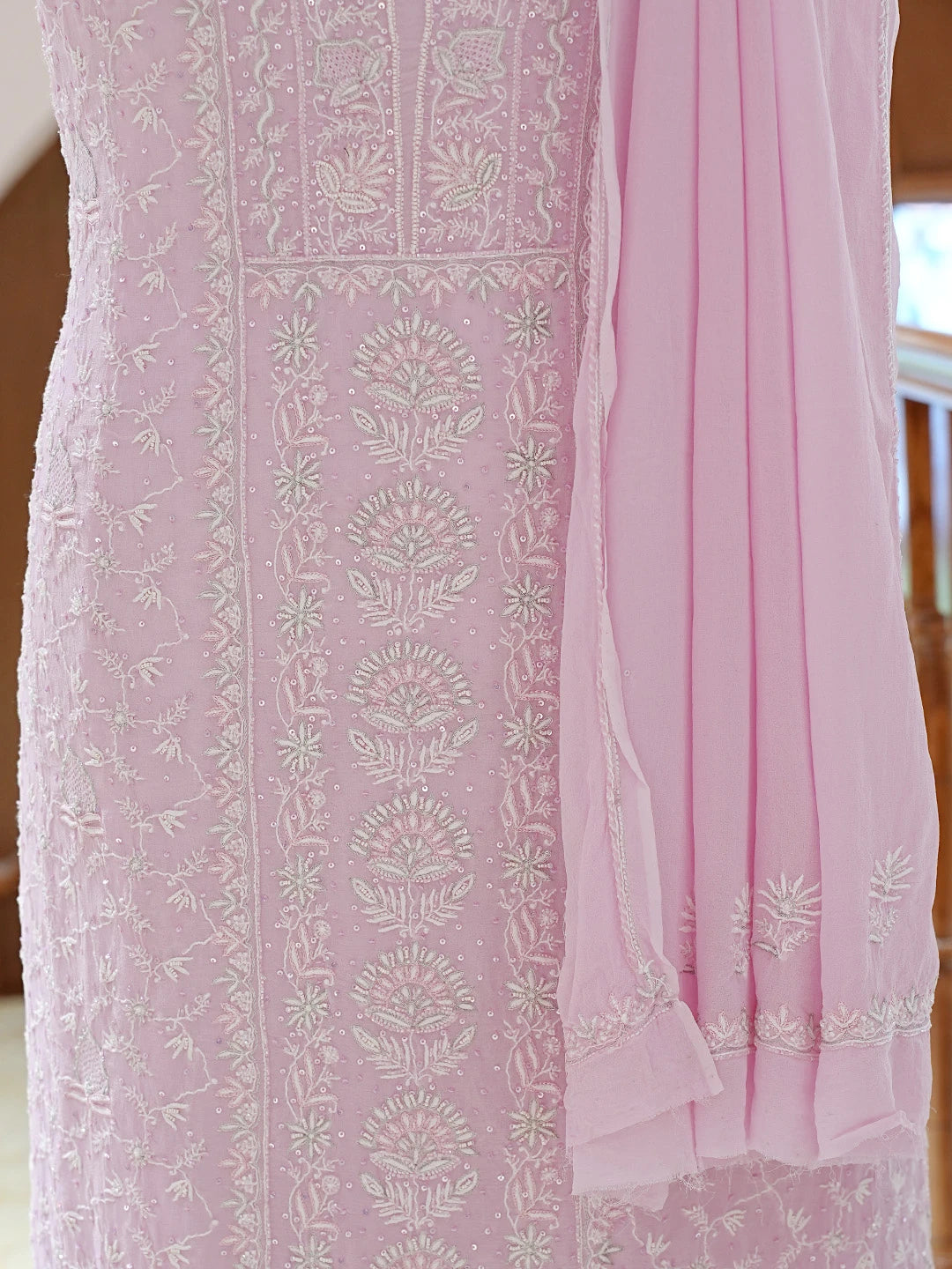 Ada Hand Embroidered Pink Pure Georgette Lucknowi Chikankari Unstitched Kurta Dupatta Set With Pearl Work 01A712923