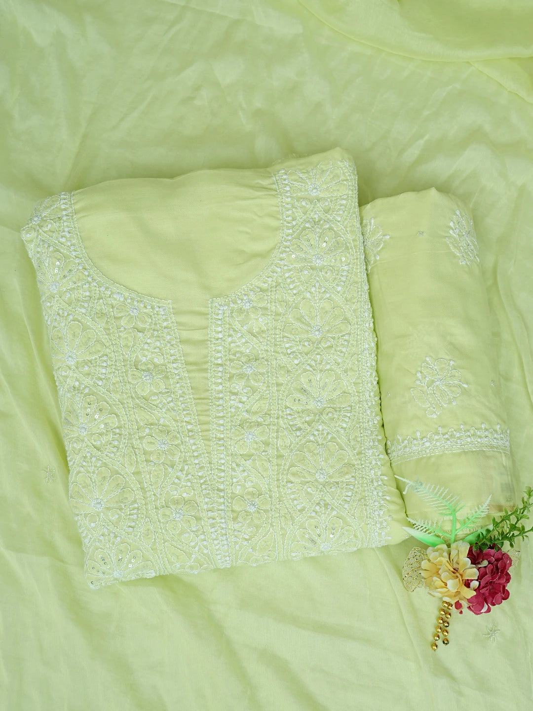 Ada Hand Embroidered Lime Green Cotton Lucknowi Chikankari Unstitched Suit Piece With Cutdana Work 01A767440