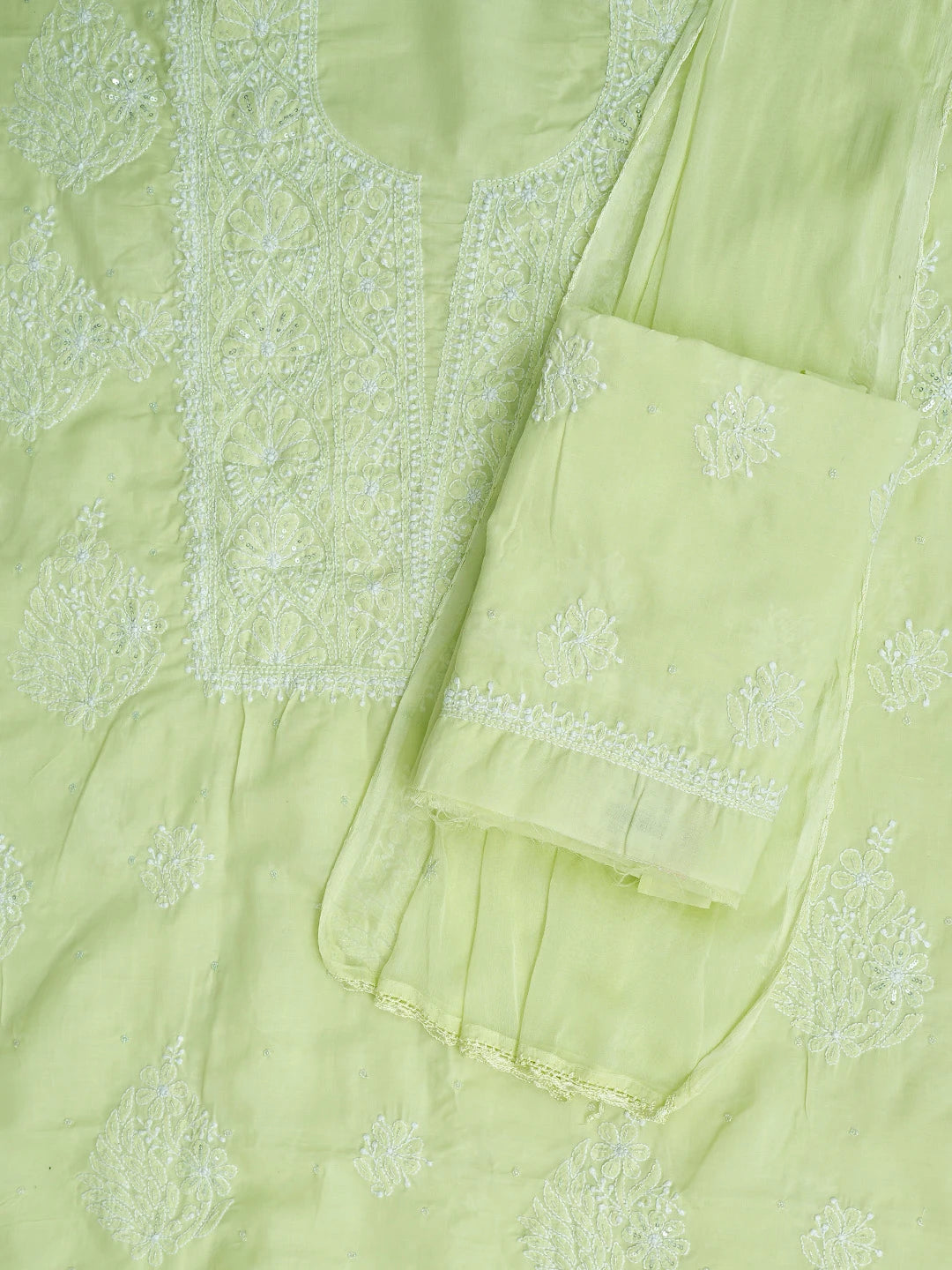 Ada Hand Embroidered Lime Green Cotton Lucknowi Chikankari Unstitched Suit Piece With Cutdana Work 01A767440