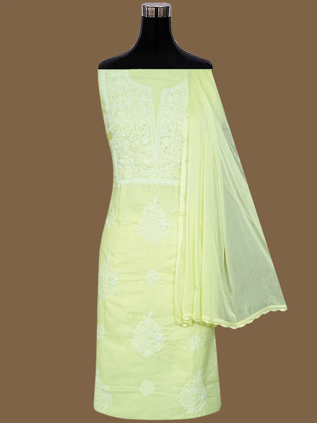 Ada Hand Embroidered Lime Green Cotton Lucknowi Chikankari Unstitched Suit Piece With Cutdana Work 01A767440