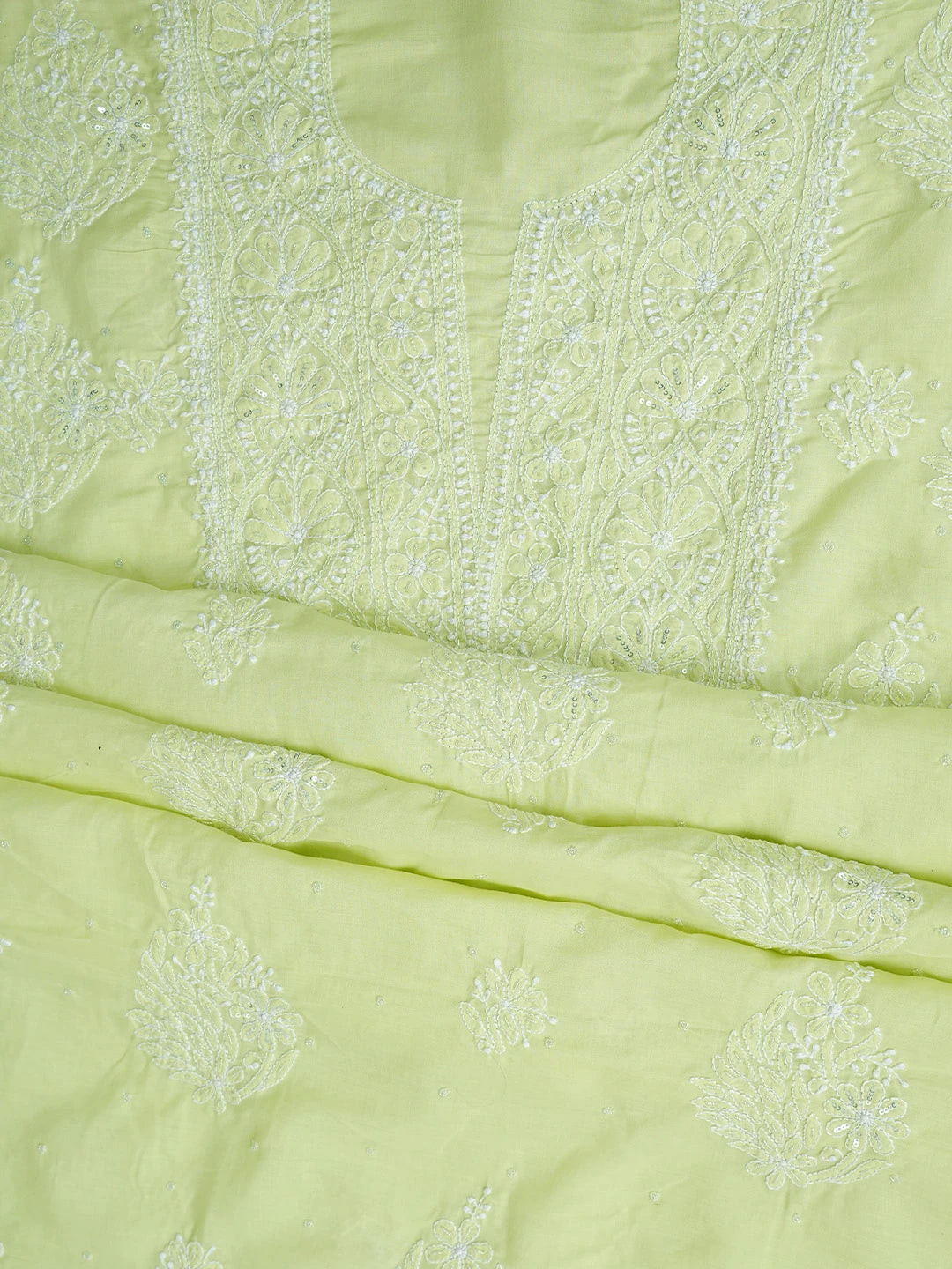 Ada Hand Embroidered Lime Green Cotton Lucknowi Chikankari Unstitched Suit Piece With Cutdana Work 01A767440