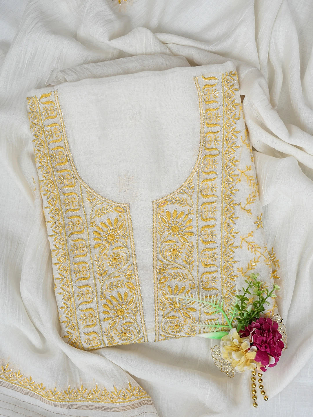 Ada Hand Embroidered White Cotton Lucknowi Chikankari Unstitched Kurta Dupatta Set With Sequinned Work 01A510694