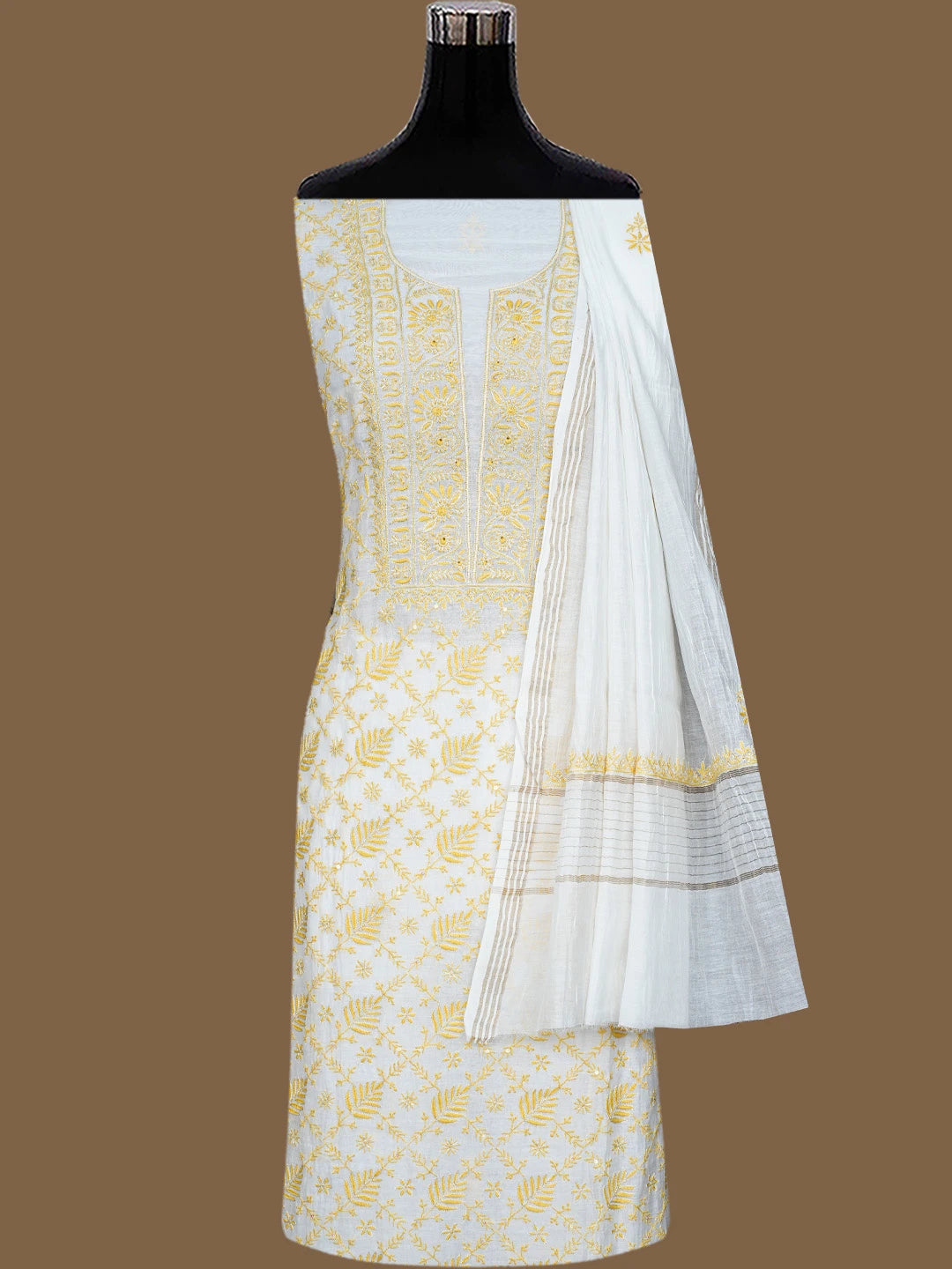 Ada Hand Embroidered White Cotton Lucknowi Chikankari Unstitched Kurta Dupatta Set With Sequinned Work 01A510694