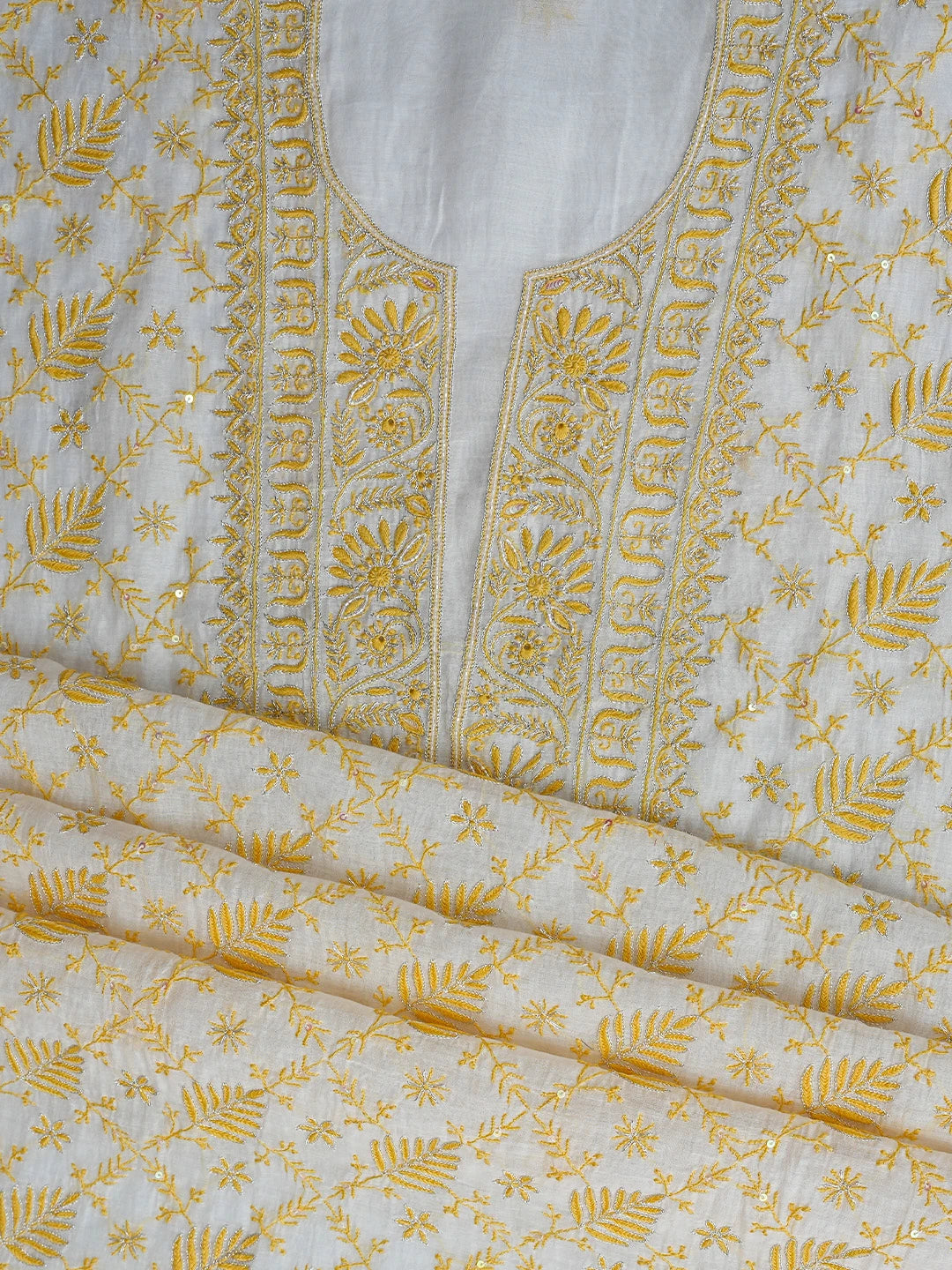 Ada Hand Embroidered White Cotton Lucknowi Chikankari Unstitched Kurta Dupatta Set With Sequinned Work 01A510694