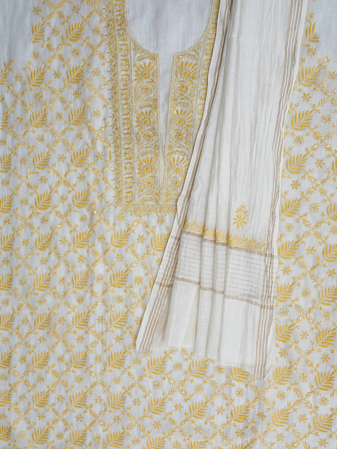 Ada Hand Embroidered White Cotton Lucknowi Chikankari Unstitched Kurta Dupatta Set With Sequinned Work 01A510694