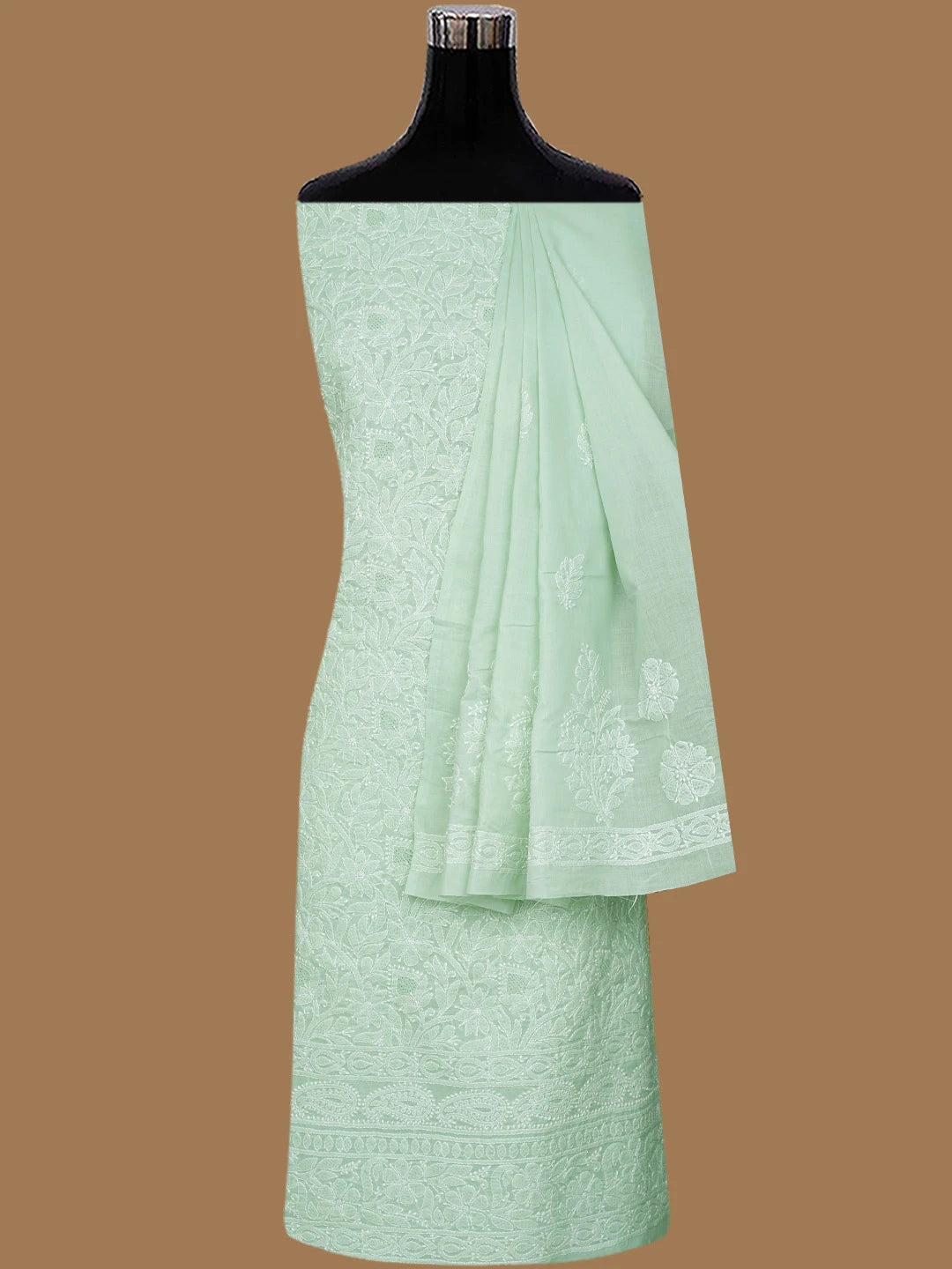 Ada Hand Embroidered Light Green Cotton Lucknowi Chikankari Unstitched Suit Piece 01A832140