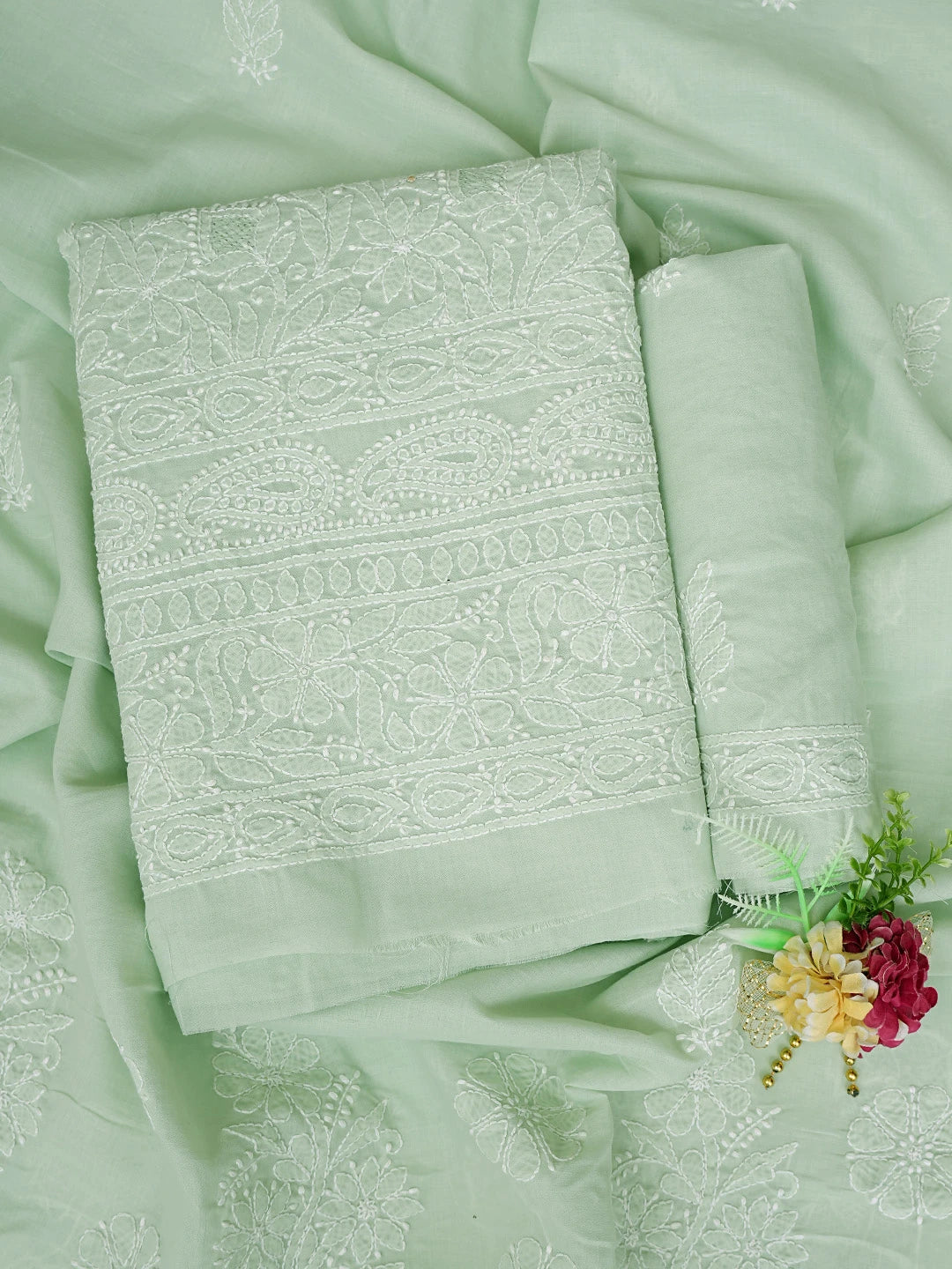 Ada Hand Embroidered Light Green Cotton Lucknowi Chikankari Unstitched Suit Piece 01A832140