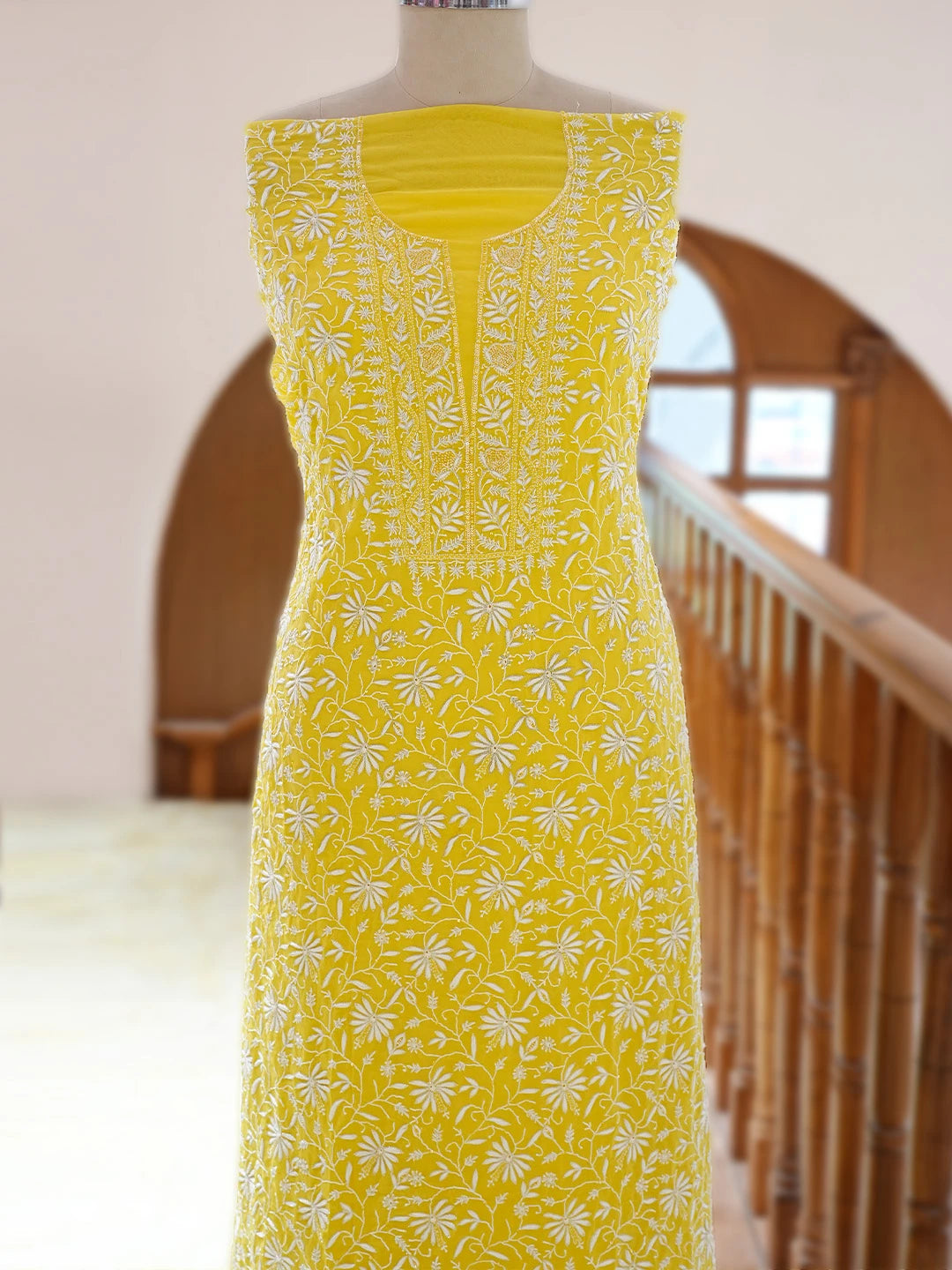 Ada Hand Embroidered Yellow Pure Georgette Lucknowi Chikankari Unstitched Kurta Dupatta Set With Pearl Work 01A705089
