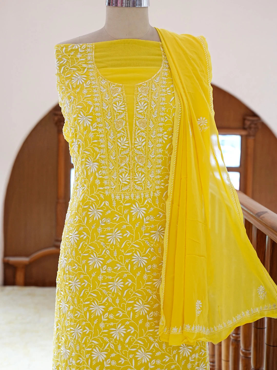 Ada Hand Embroidered Yellow Pure Georgette Lucknowi Chikankari Unstitched Kurta Dupatta Set With Pearl Work 01A705089